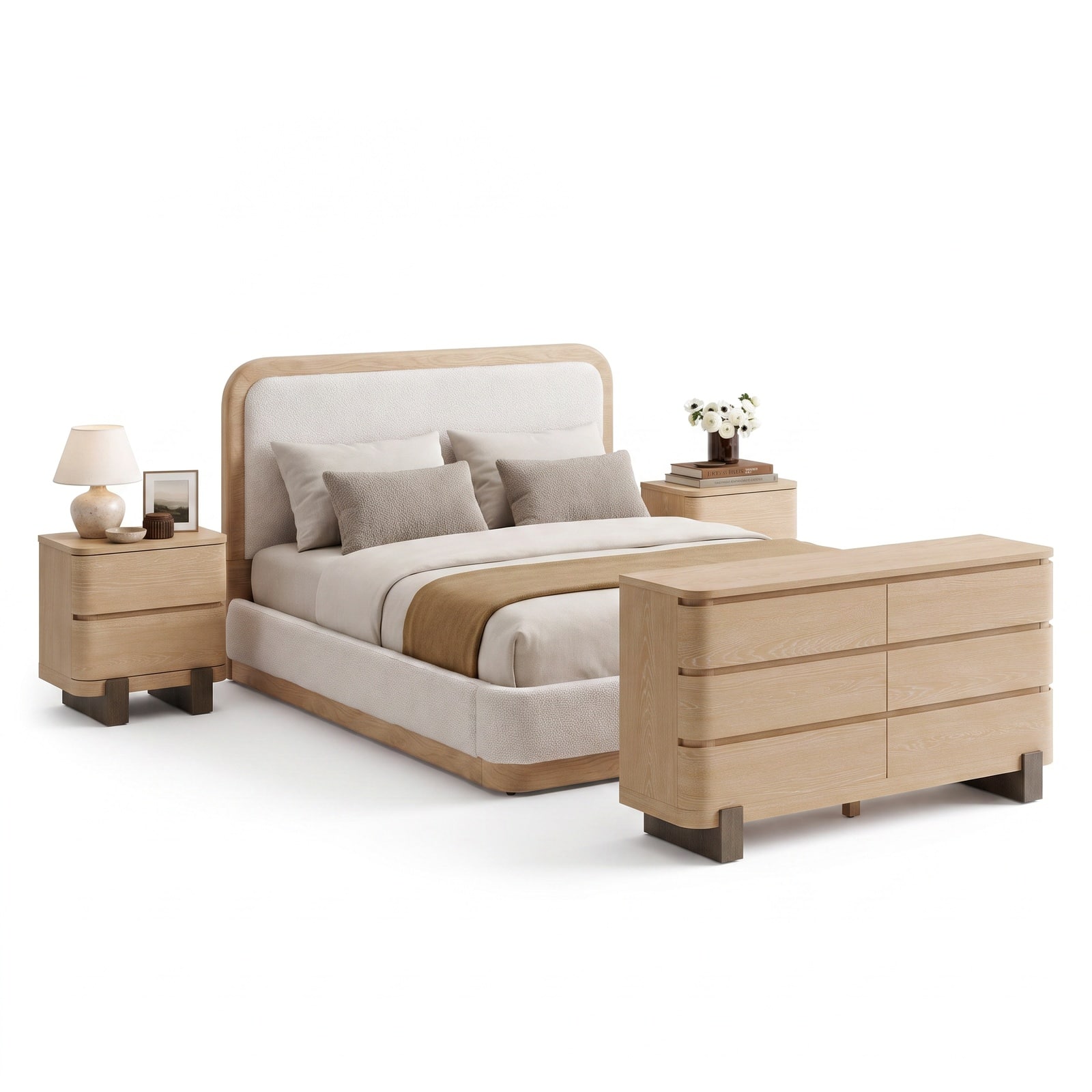 ModernMate - 4-Piece Modern Bedroom Set, Queen Upholstered Bed Frame, 6 Drawers Dresser and 2 Nightstands - Beige and Natural Wood price history on PriceWatchPro