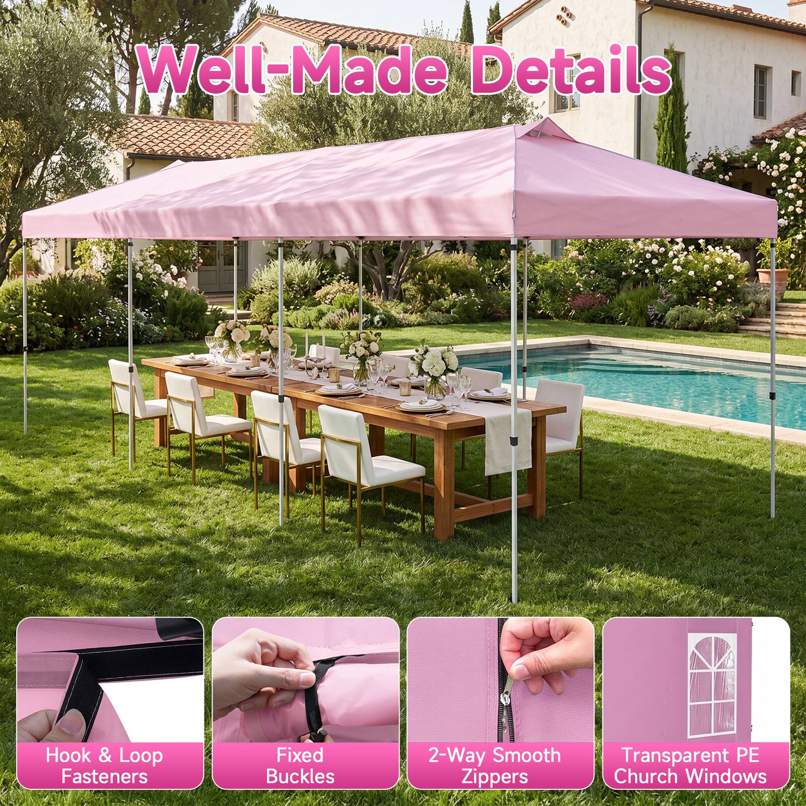 Well-Made Details

Hook & Loop Fasteners  
Fixed Buckles  
2-Way Smooth Zippers  
Transparent PE Church Windows