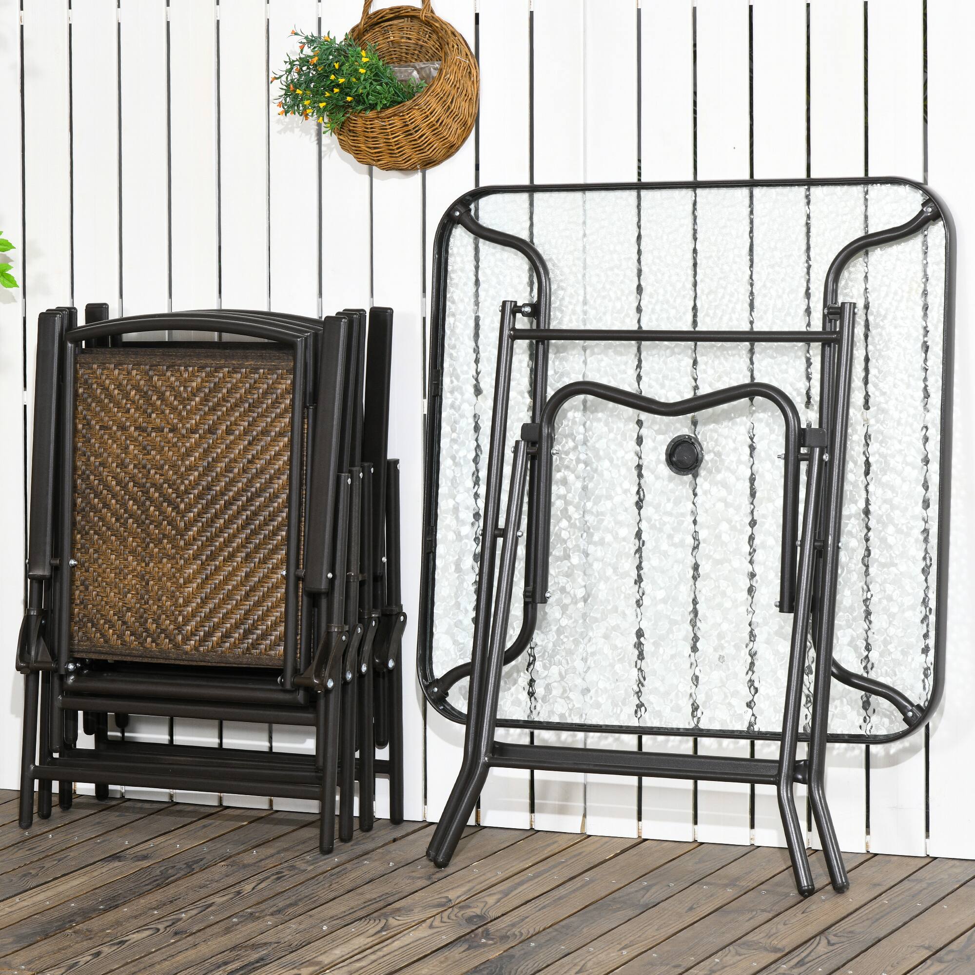 Alt View 1. Outsunny - Pieces Patio Table and Chairs, Foldable Wicker Outdoor Dining Table Set with Umbrella Hole - Brown.