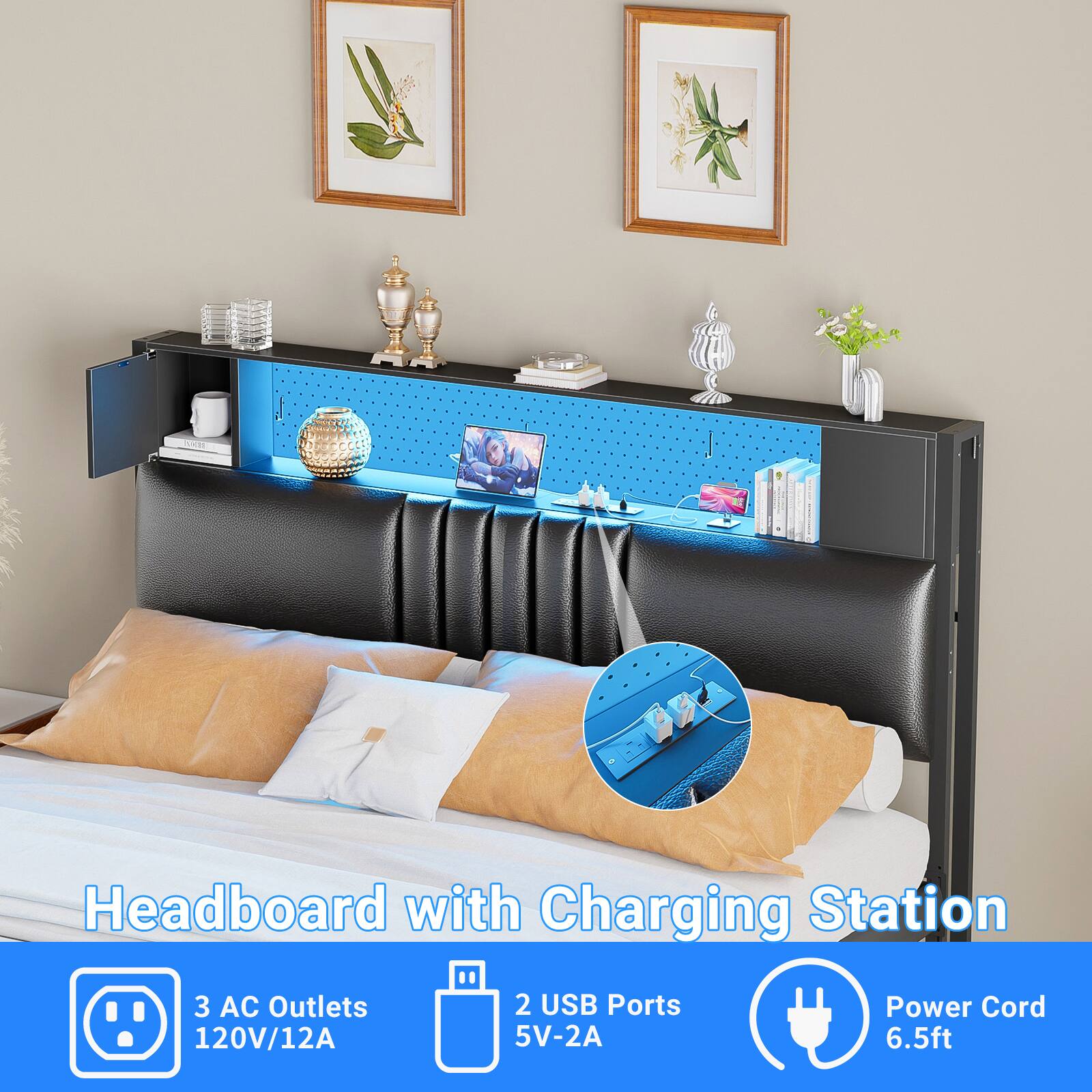 Headboard with Charging Station

- 3 AC Outlets 120V/12A
- 2 USB Ports 5V-2A
- Power Cord 6.5ft