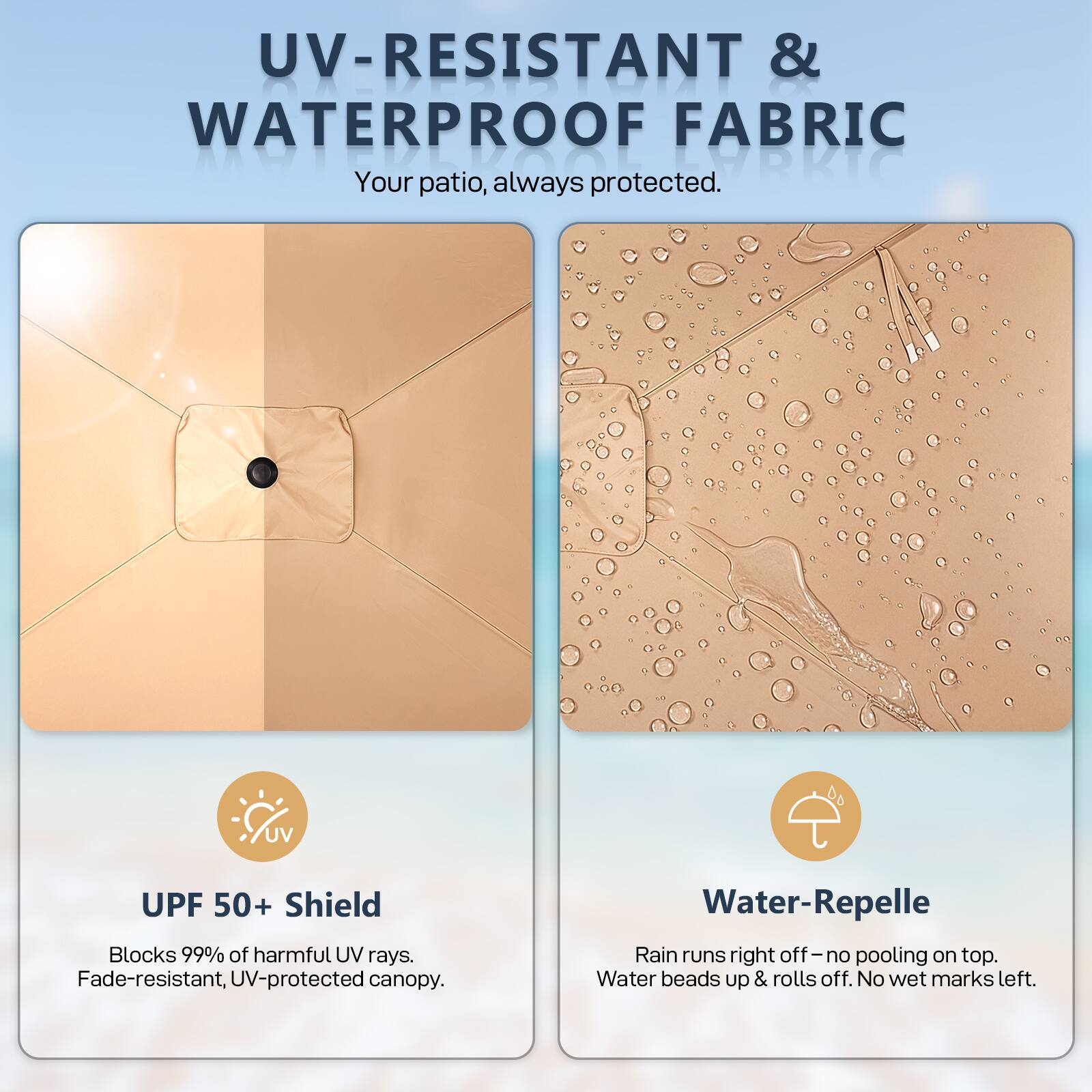 UV-RESISTANT & WATERPROOF FABRIC  
Your patio, always protected.  

UV UPF 50+ Shield  
Blocks 99% of harmful UV rays.  
Fade-resistant, UV-protected canopy.  

Water-Repelle  
Rain runs right off - no pooling on top.  
Water beads up & rolls off. No wet marks left.