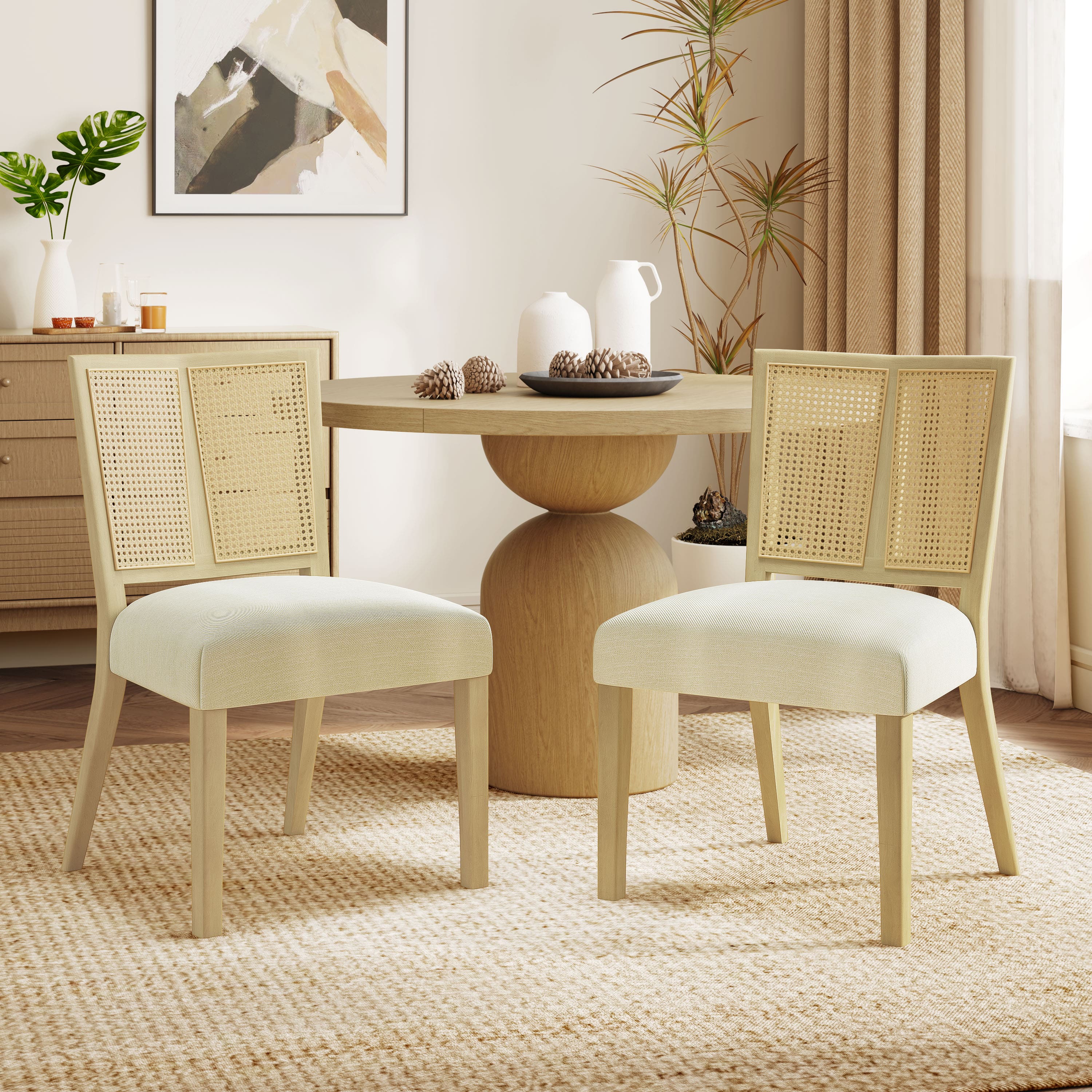 TinyHomie - Rattan Dining Chair Without Armlight ash beige Set of 2 - Beige and Natural Ash