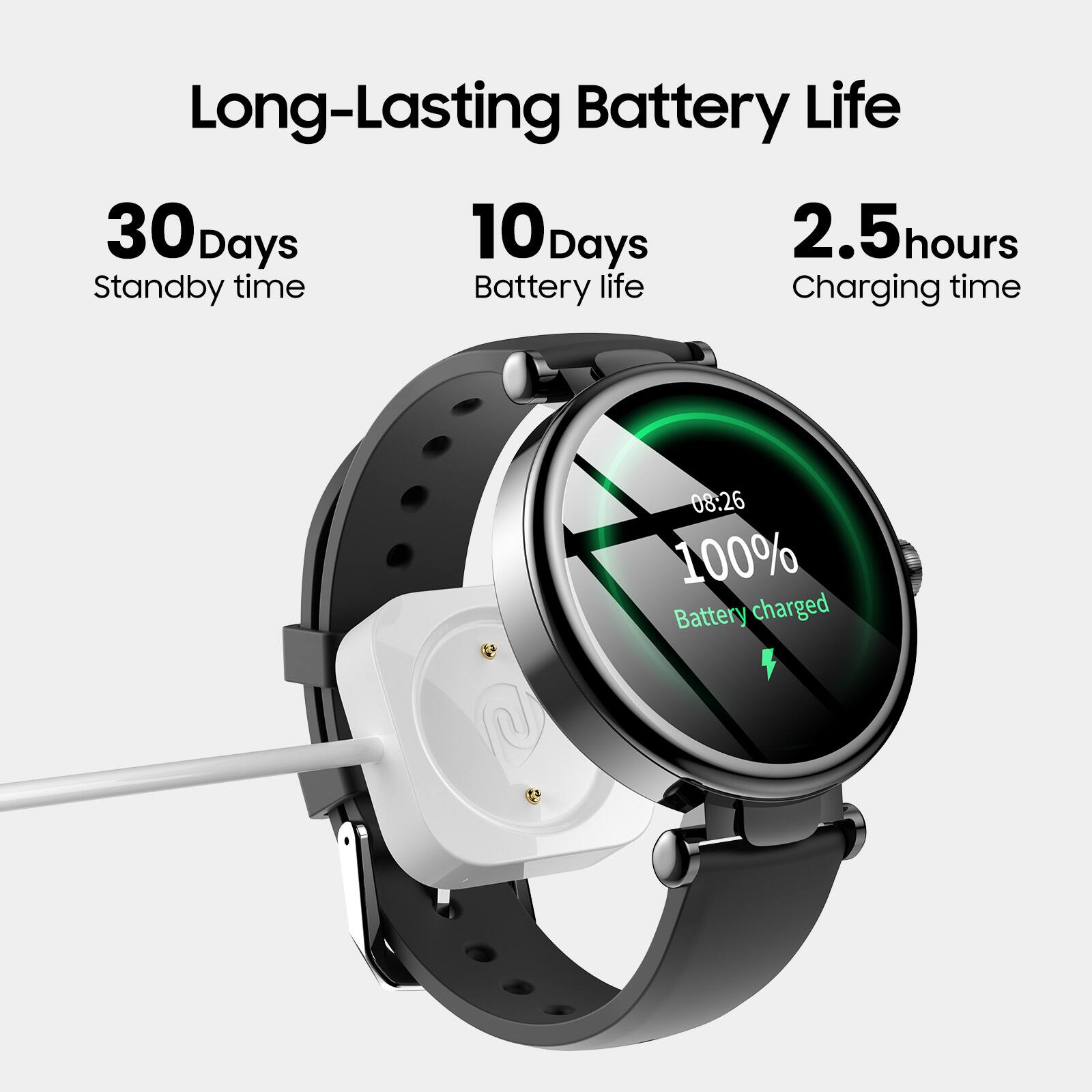 Long-Lasting Battery Life  
30 Days Standby time  
10 Days Battery life  
2.5 hours Charging time  
08:26 100% Battery charged