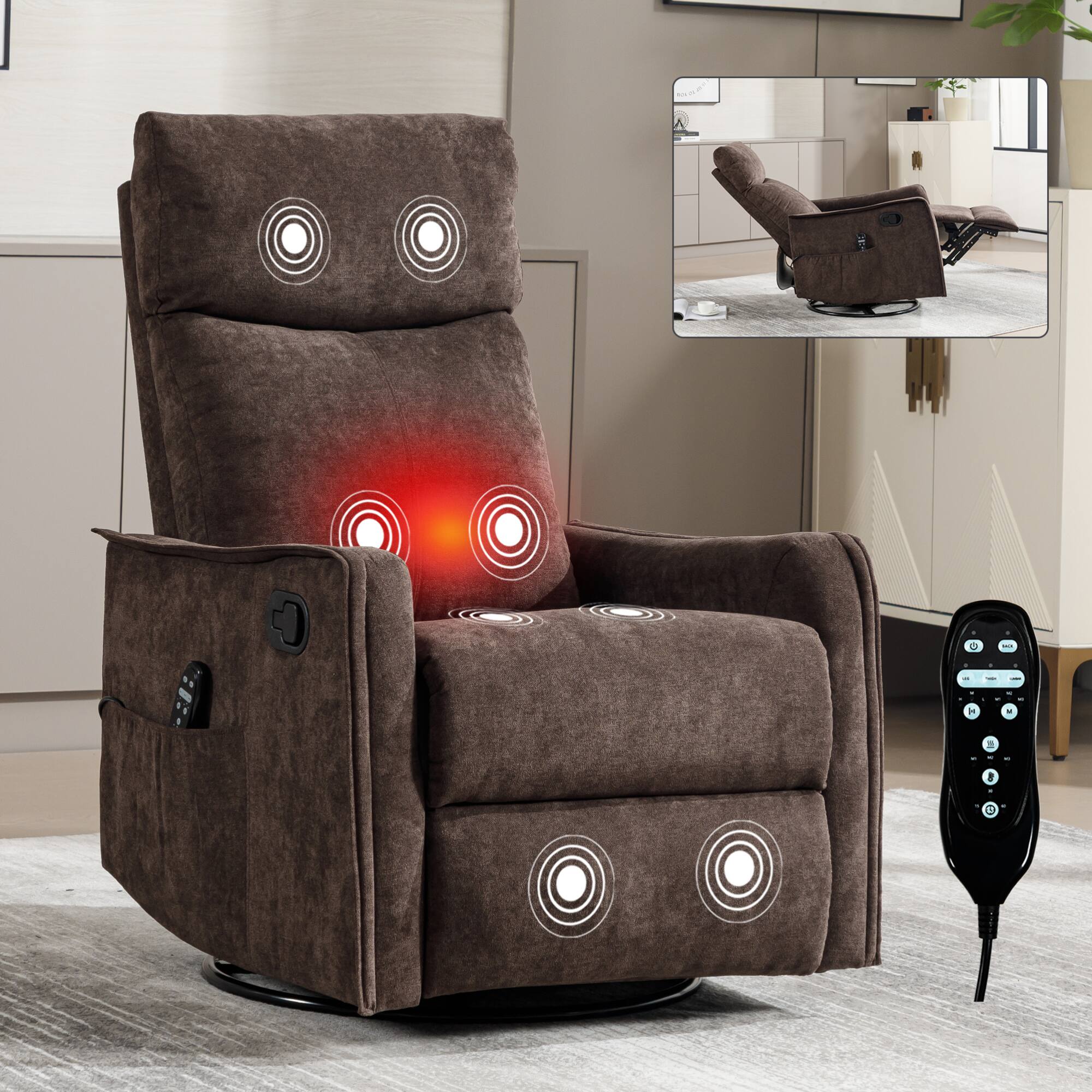 Alt View 8. GOODSILO - Fabric Recliner Chair with Heat Massage, Rocker, and Swivel Functionality for Ultimate Living Room Comfort - Brown.