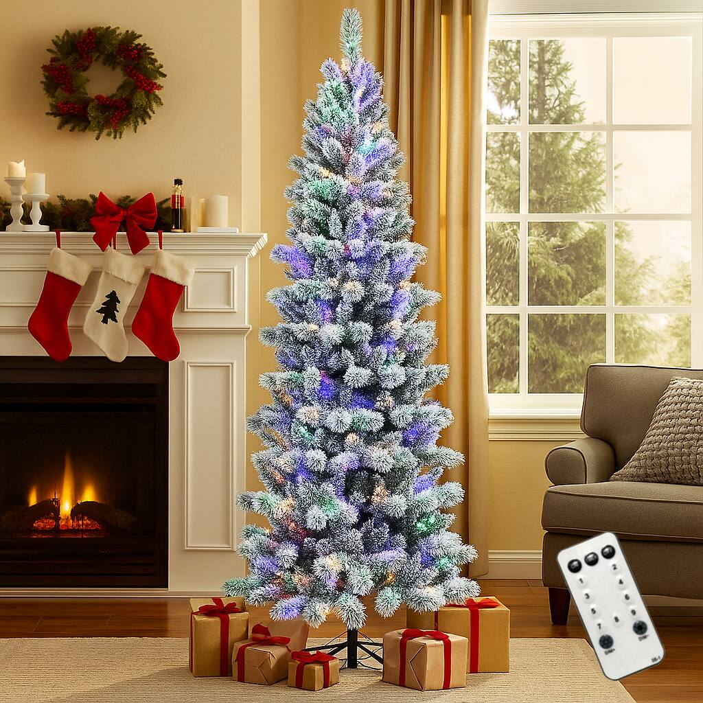 Angle. BreeBe - Flocked Artificial Tree with 9 Light Modes – 5/6/7.5/8ft Pre-Lit Design - White.