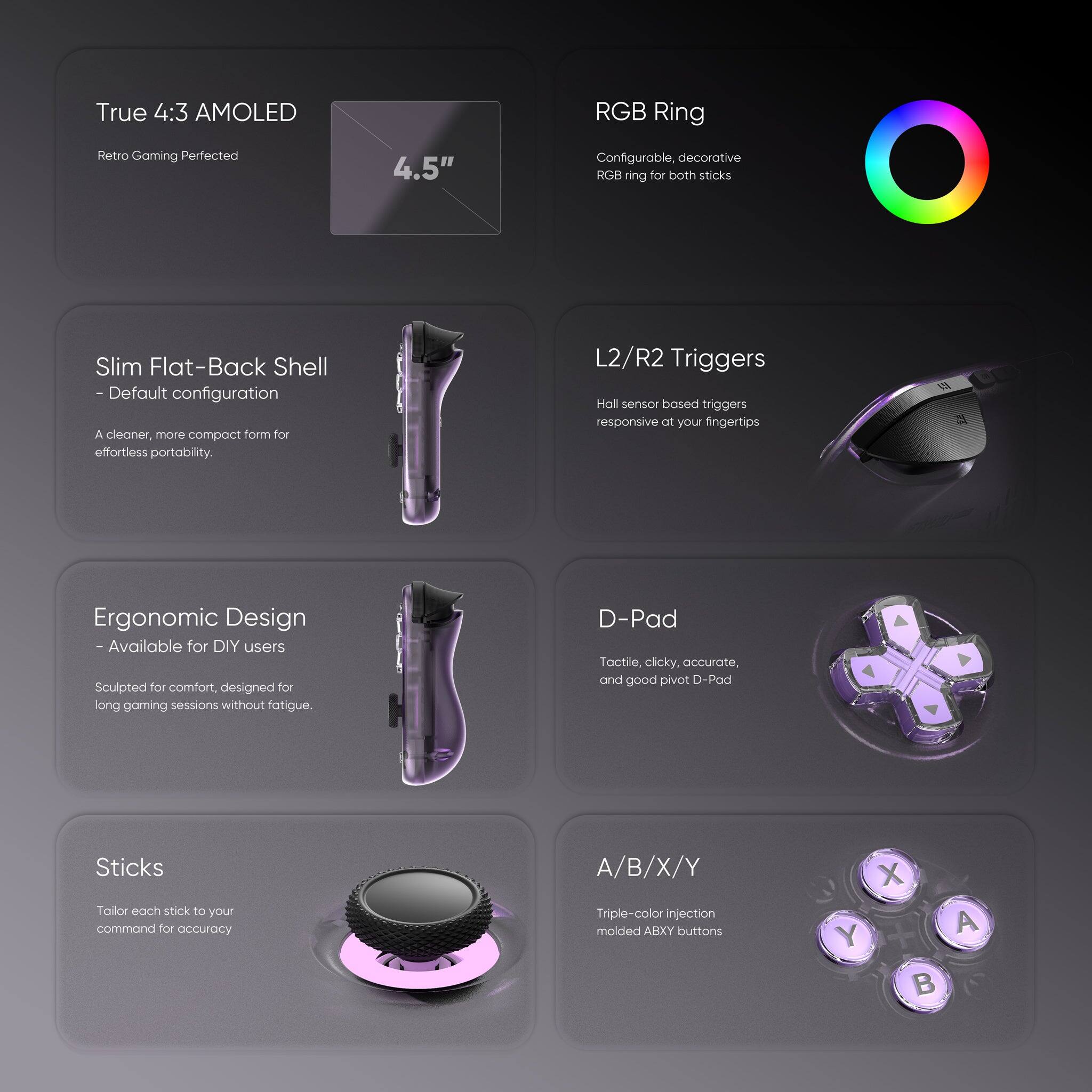 True 4:3 AMOLED  
Retro Gaming Perfected  
4.5"  

Slim Flat-Back Shell  
- Default configuration  
A cleaner, more compact form for effortless portability.  

RGB Ring  
Configurable, decorative RGB ring for both sticks  

L2/R2 Triggers  
Hall sensor based triggers responsive at your fingertips  

Ergonomic Design  
- Available for DIY users  
Sculpted for comfort, designed for long gaming sessions without fatigue.  

Sticks  
Tailor each stick to your command for accuracy  

D-Pad  
Tactile, clicky, accurate, and good pivot D-Pad  

A/B/X/Y  
Triple-color injection molded ABXY buttons