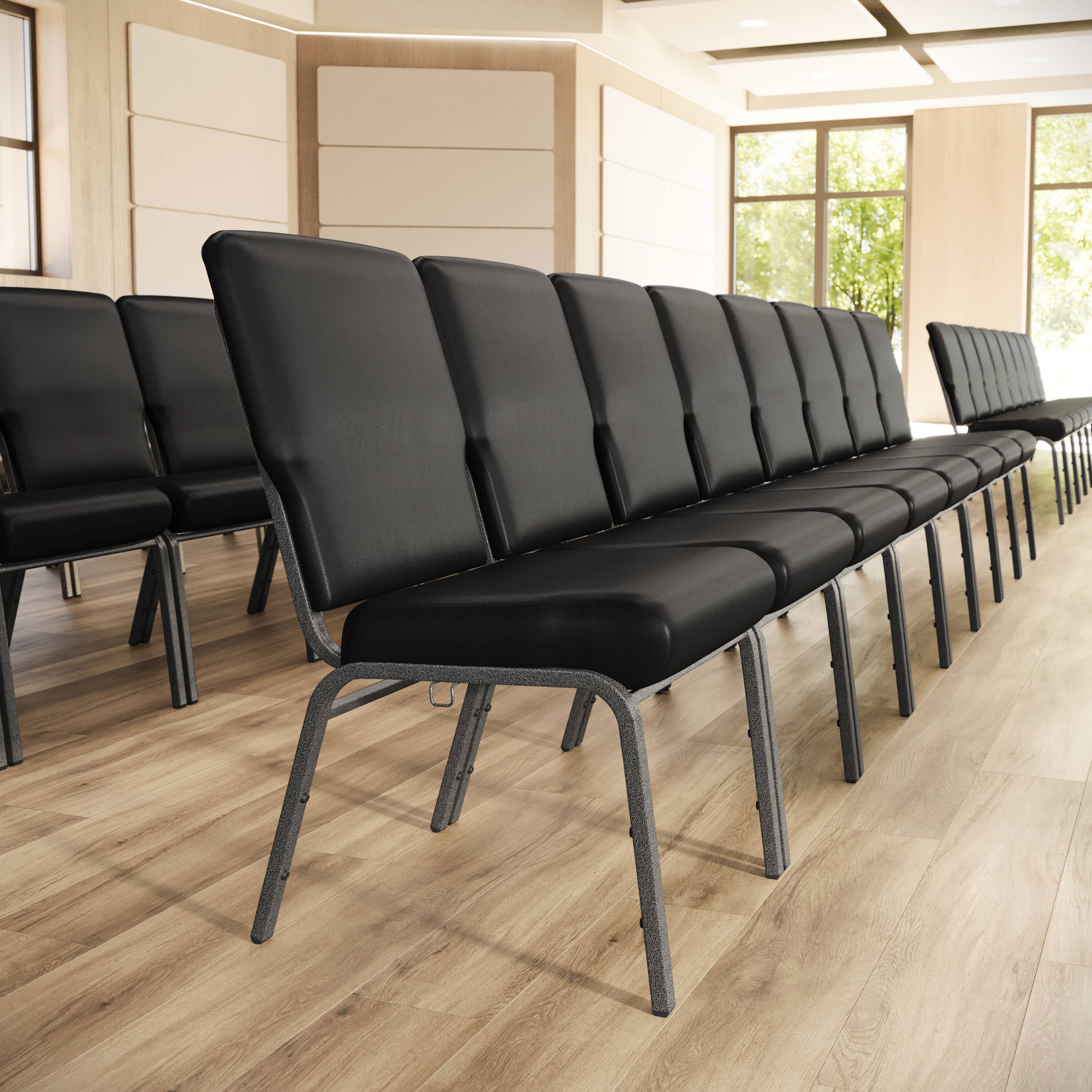 Alt View 1. Emma + Oliver - Vinyl Church Chair 20.5 in. Wide - Black Vinyl/Silver Vein Frame.