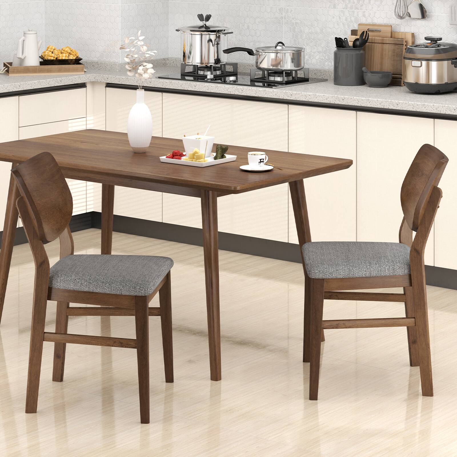 Alt View 1. Gymax - Gymax Dining Chairs Set of 4 w/ Rubber Wood Frame Padded Seat Curved Back Living Room Grey - Walnut, Grey.