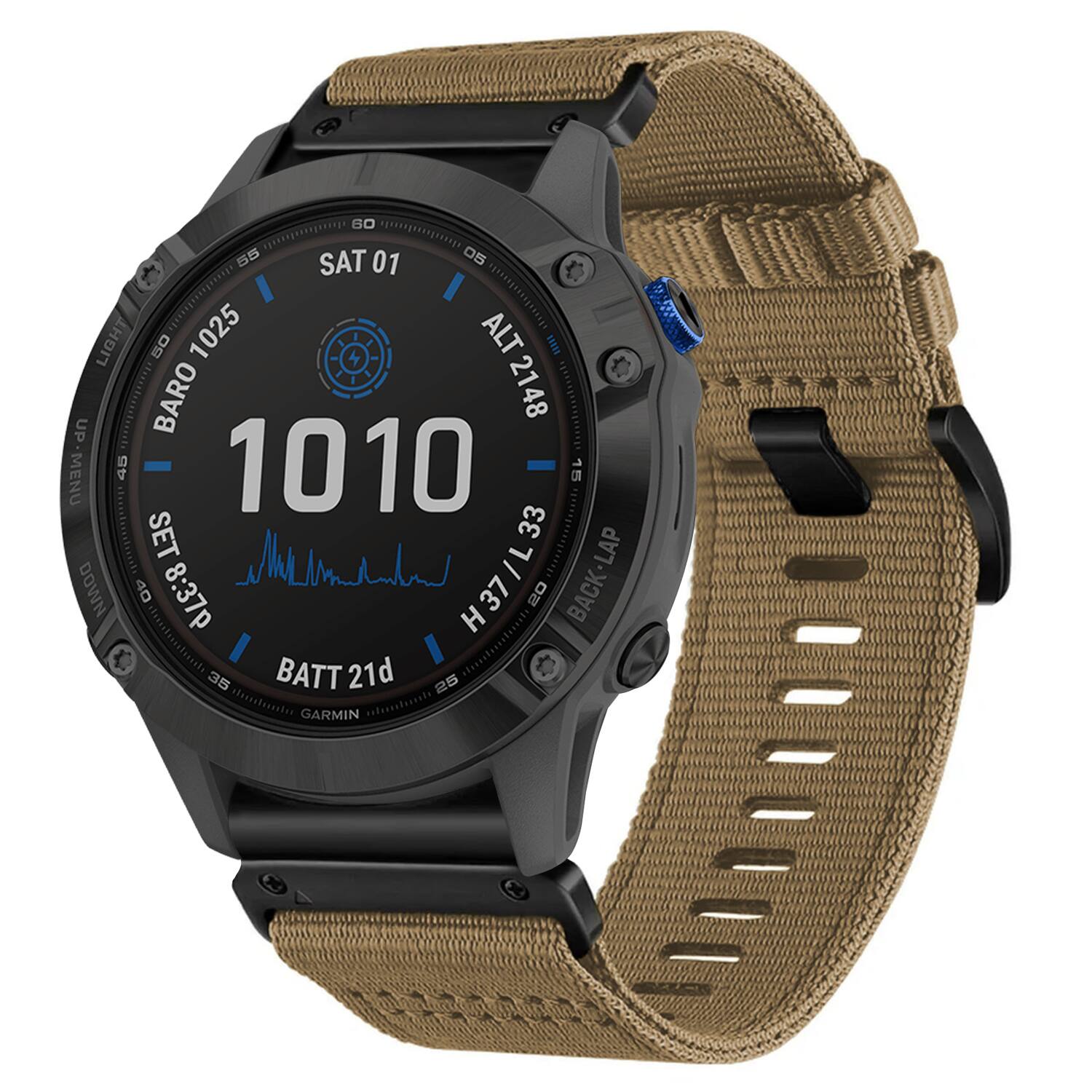 C 30 55  
SAT 01  
LIGHT LIG 50 1025  
ALT 2148  
BARO 1010  
UP MENU 45 1010 15  
SET 33 /L  
LAP 8:37p  
DOWN 40  
H 37 20  
BATT 21d  
GARMIN