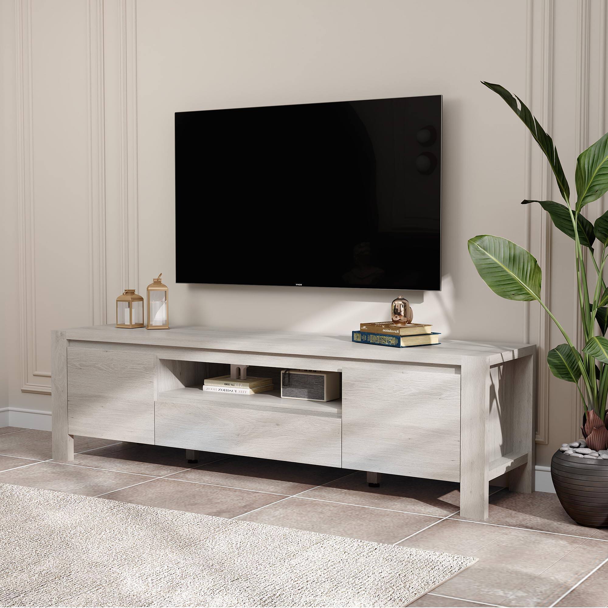 Angle. Qeetex - 63" Farmhouse TV Stand for 70" TVs, Entertainment Center with Doors, Adjustable Shelves & Storage Cabinet - Gray.