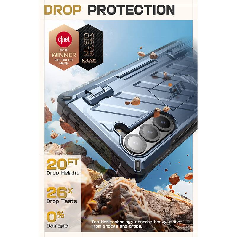 **DROP PROTECTION**

- **c|net DROP TEST WINNER**
- **MIL STD 810G-516.6 MILITARY DROP TESTED**

**MOST TOTAL FEET DROPPED**

- **20FT** Drop Height
- **26x** Drop Tests
- **0%** Damage

Top-tier technology absorbs heavy impact from shocks and drops.