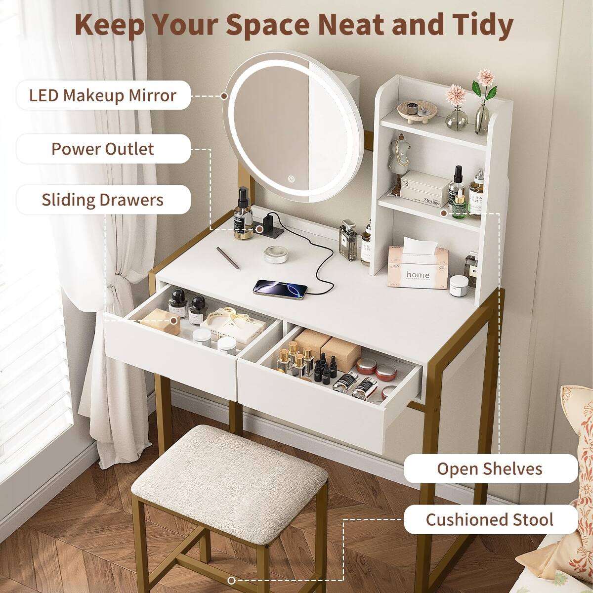 Loheer Small Vanity Desk with Mirror and Lights, Makeup Table with ...