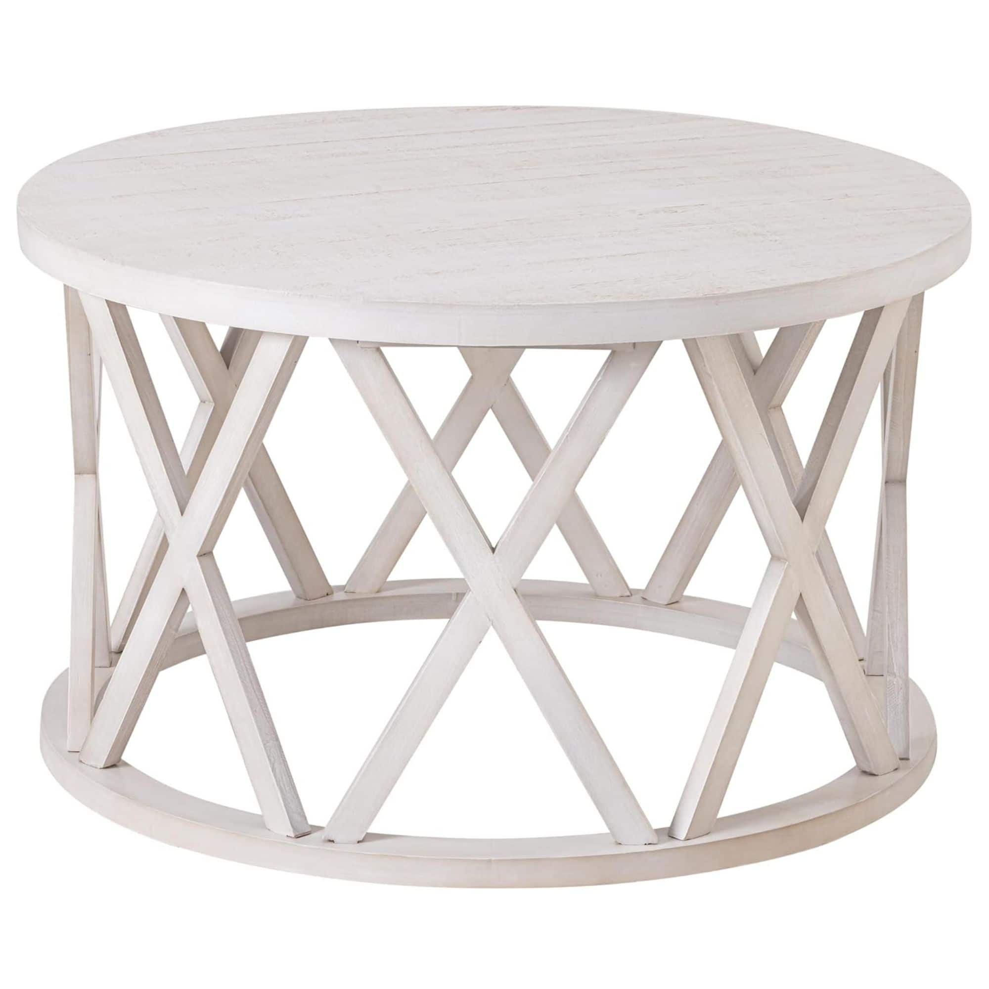 COZAYH - Rustic Farmhouse Round Coffee Table, X-Motifs Legs & Wood Textured Top - Antique white