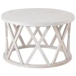 COZAYH - Rustic Farmhouse Round Coffee Table, X-Motifs Legs & Wood Textured Top - Antique white