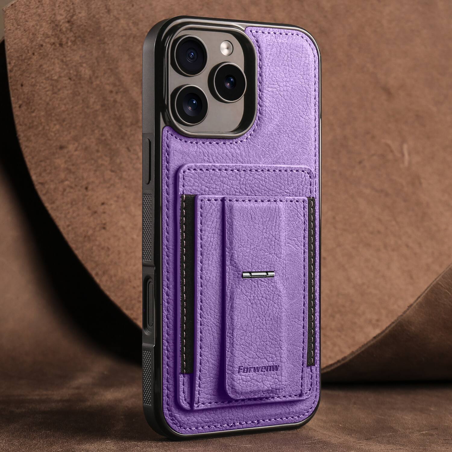 Angle. Dteck - Slim Card Holder Case for Apple iPhone 16 Pro, Shockproof Wallet Protective Cover with Kickstand - Purple.