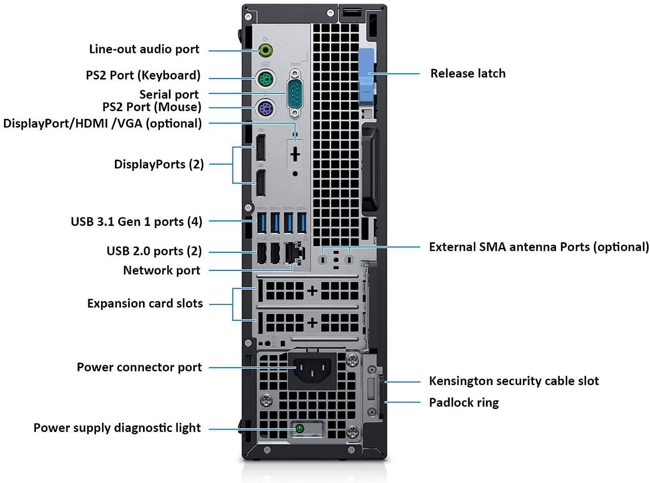 - Line-out audio port
- PS2 Port (Keyboard)
- Serial port
- PS2 Port (Mouse)
- DisplayPort/HDMI /VGA (optional)
- DisplayPorts (2)
- USB 3.1 Gen 1 ports (4)
- USB 2.0 ports (2)
- Network port
- Expansion card slots
- External SMA antenna Ports (optional)
- Power connector port
- Kensington security cable slot
- Padlock ring
- Power supply diagnostic light
