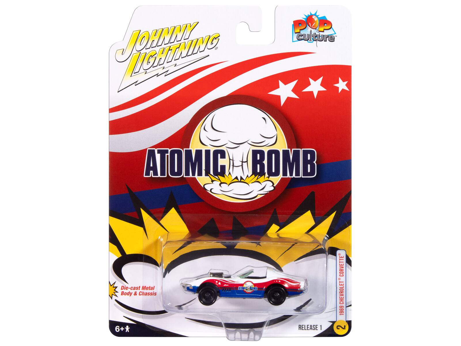 Johnny Lightning  
Atomic Bomb  
Die-cast Metal Body & Chassis  
1969 Chevrolet Corvette  
Release 1  
6+