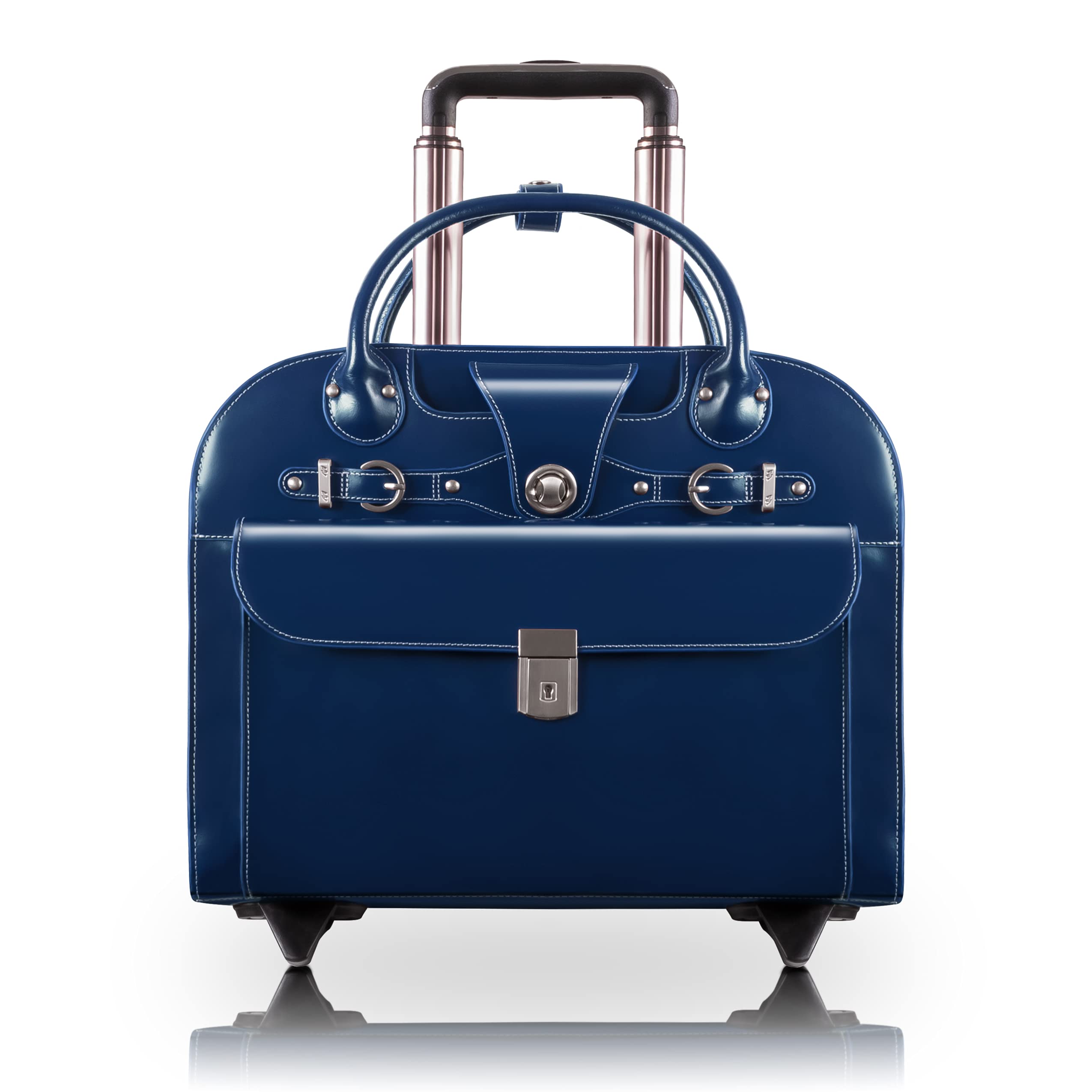Front. McKleinUSA - 15in Top-Grain Cowhide Leather Wheeled Laptop Briefcase Vertical Women's Overnight Bag Removable Trolley Case - Navy.