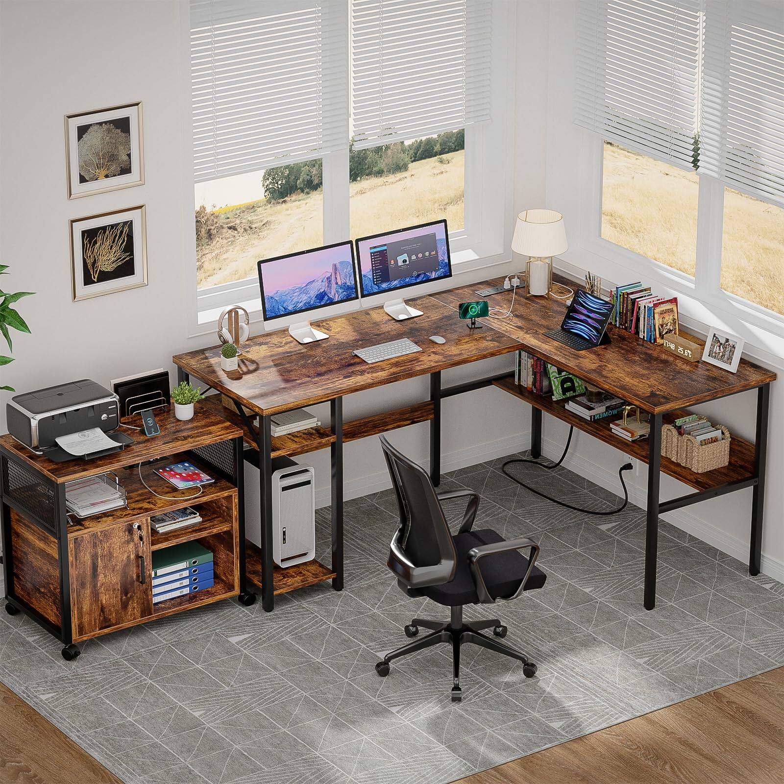 Left. Fabibe - L Shaped Computer Desk With Magic Power Outlets And Usb Charging Port Sturdy Reversible Corner Storage Shelves Office De - Black Desk.