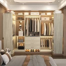 Aheaplus - 88.8'' With U-Shaped Closet System, Walk-in Wardrobe System with 3 Drawers and 5 Hanging Rods, Set of 3 - Beige Oak