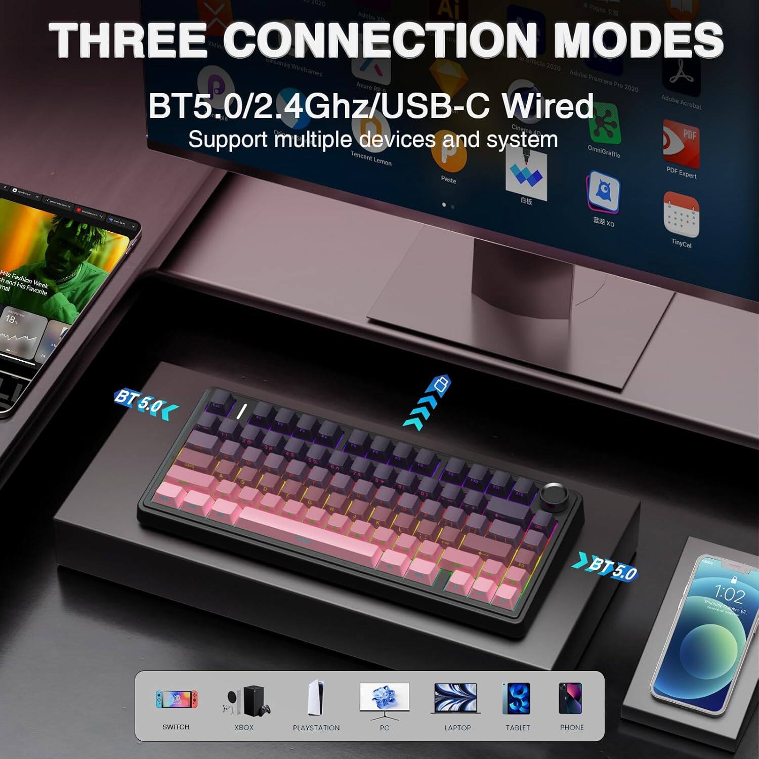 THREE CONNECTION MODES  
BT5.0/2.4Ghz/USB-C  
Support multiple devices and system  

Ai  
Premiere Pro 2020  
Adobe Acrobat  
Tencent OmniGraffle  
Lemon PDF Expert  
TinyCal  

Hits Fashion  
mal and His Favorite Week 18%  

BT 5.0  
1:02 22  

SWITCH  
XBOX  
PLAYSTATION  
PC  
LAPTOP  
TABLET  
PHONE