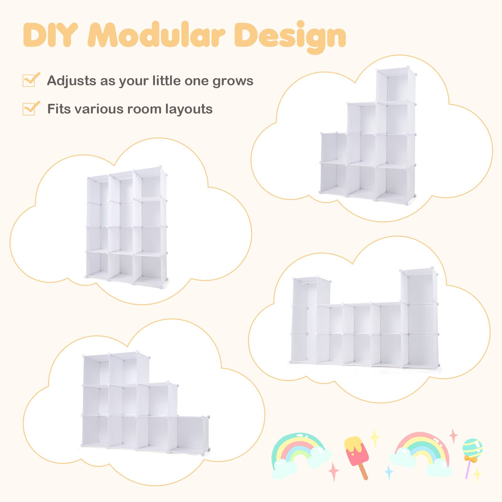 DIY Modular Design  
Adjusts as your little one grows  
Fits various room layouts