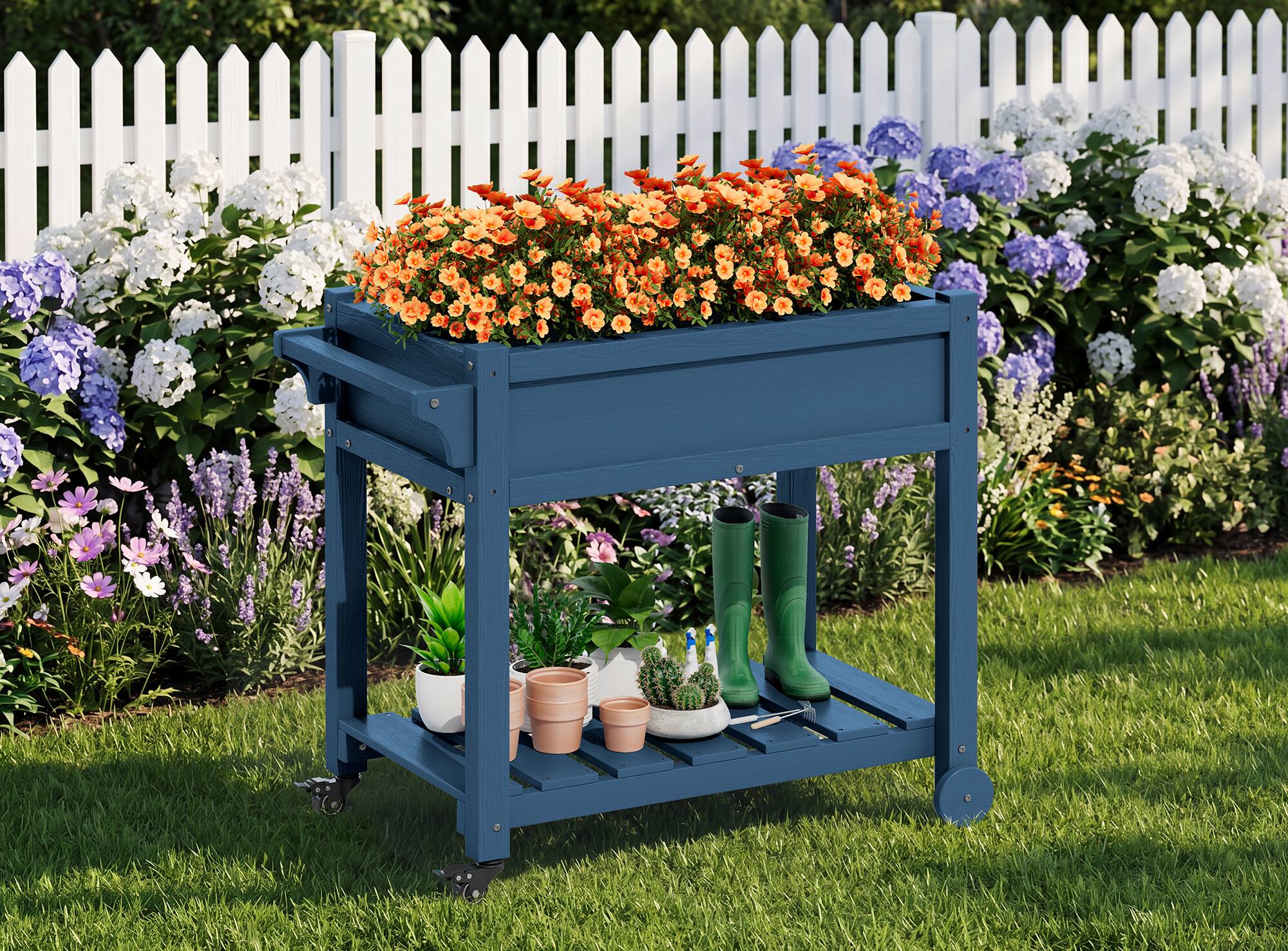 Alt View 3. SERWALL - SERWALL Raised Garden Bed on Wheels with Storage Shelf,Navy - Navy.