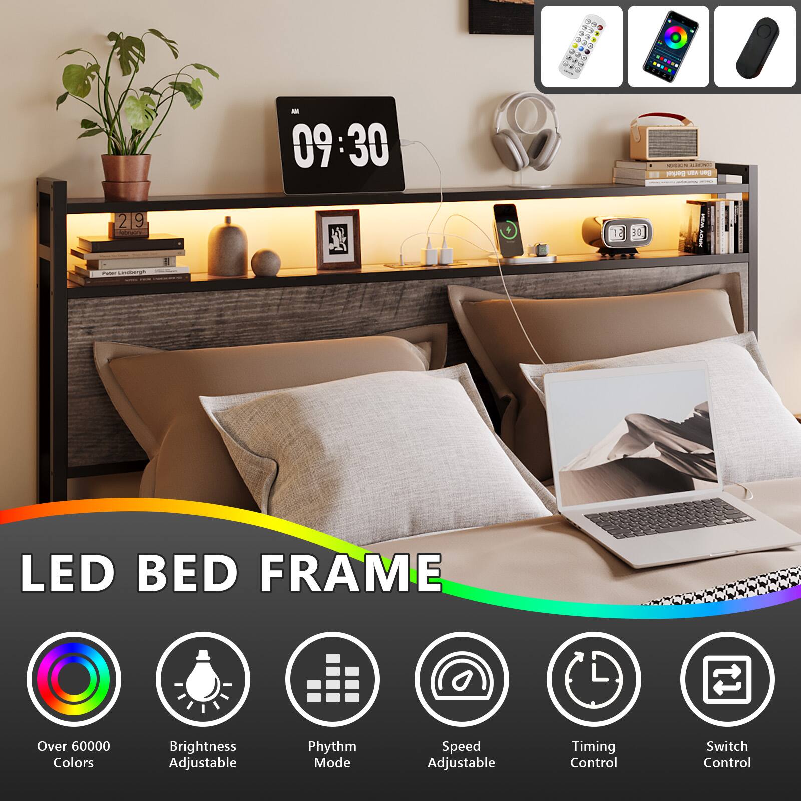 - 3 - a J + d . - a - 09:30 .- . VEA v 219 1 0 A / LESTP LED BED FRAME Over 60000 Colors Brightness Adjustable Phythm Mode Speed Adjustable Timing Control Switch Control