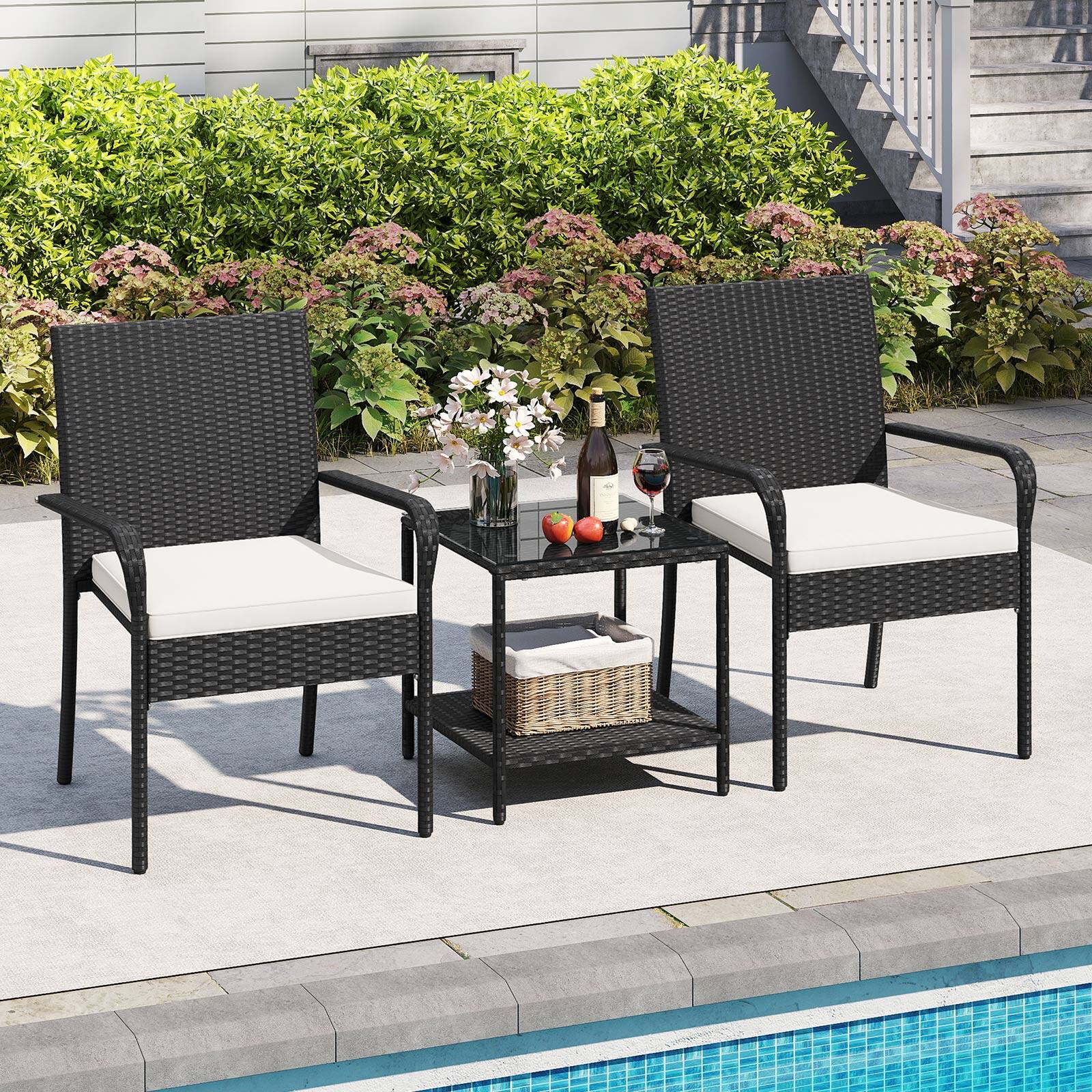 Gymax - 3 Piece Patio Furniture Set Outdoor Wicker Chair & Table Set w/ Seat Cushions - White price history on PriceWatchPro