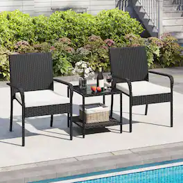 Gymax - 3 Piece Patio Furniture Set Outdoor Wicker Chair & Table Set w/ Seat Cushions - White