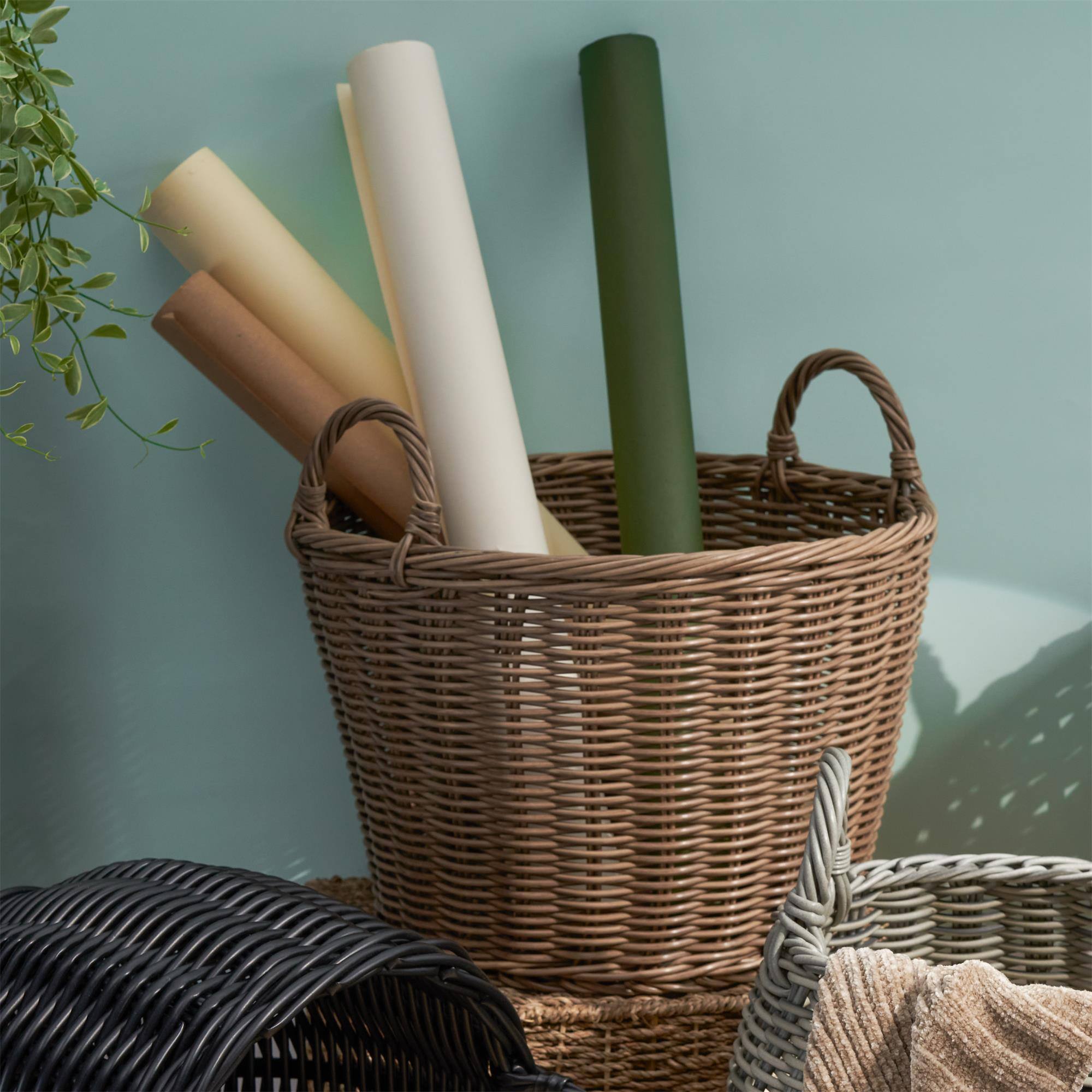 Alt View 3. Boyel Living - Chocolate Brown Round Cone Resin Wicker Storage Basket with Handles 16-in L x 16-in W x 10.5-in H for Home Organization - Chocolate Brown.