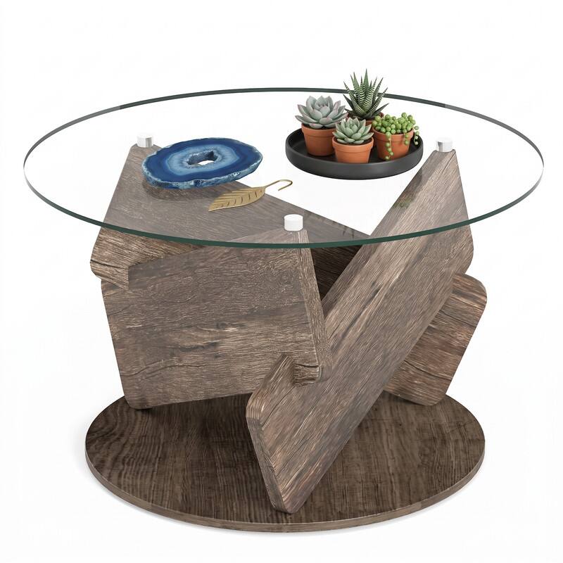 Left. WELLFOR - 32" Round Coffee Table with Tempered Glass Top & Fashion Wood Base, Modern Center Table for Living Room - Gray.