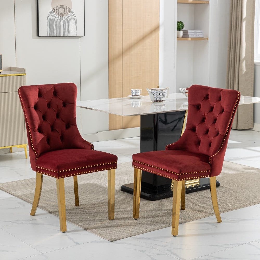 Loheer - Velvet Dining Chairs Tufted Upholstered Set of 2 with Gold Legs - Burgundy
