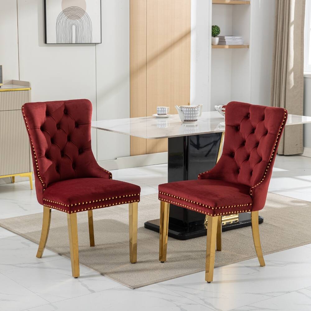 Front. Loheer - Loheer Velvet Dining Chairs Tufted Burgundy Upholstered Set of 2 with Gold Legs - Burgundy.