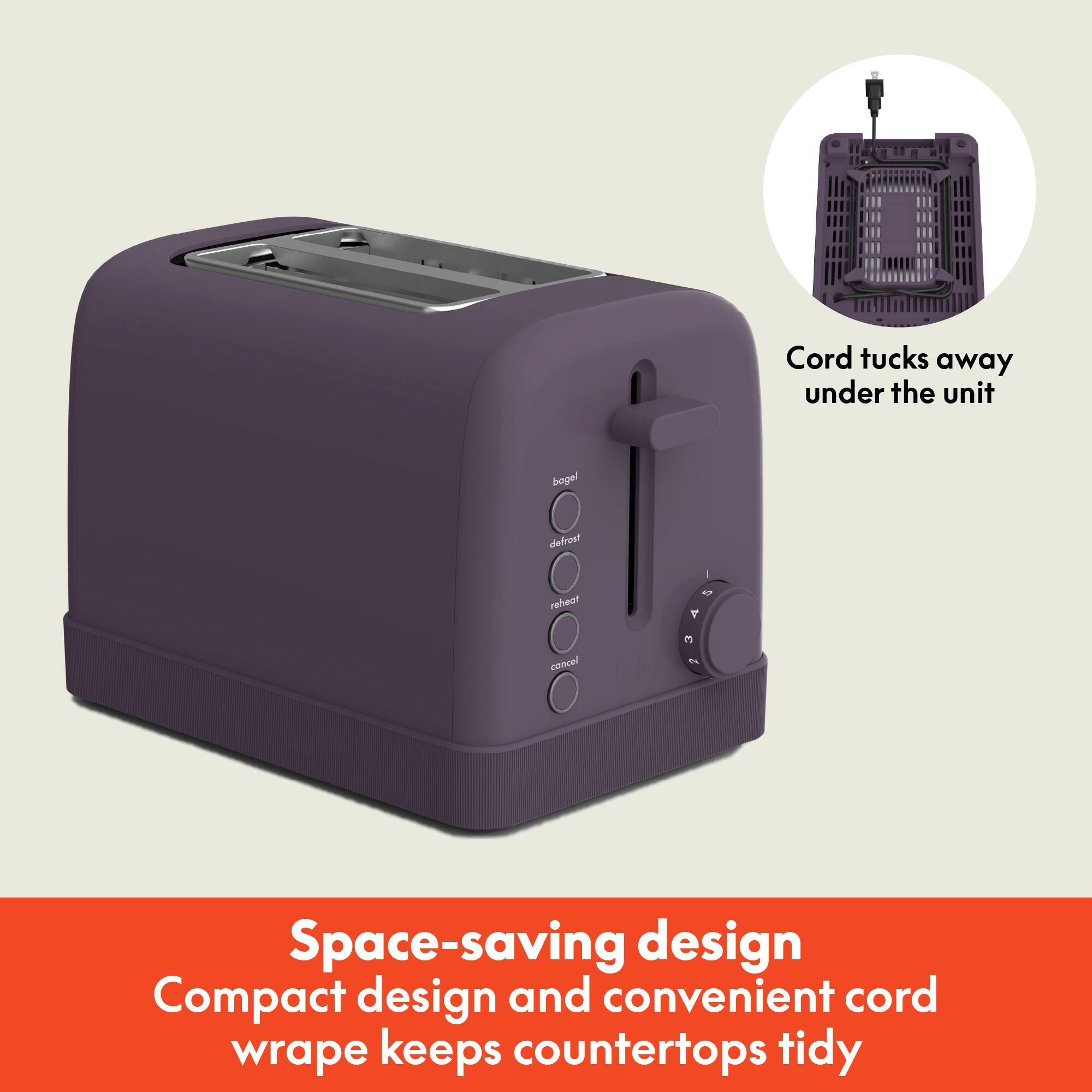 Cord tucks away under the unit, Space-saving design, Compact design and convenient cord wrap keeps countertops tidy