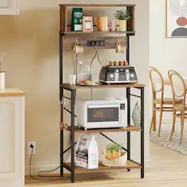 Bestier - 5-Tier Kitchen Bakers Rack with 3 Outlets 8 S-Hooks Microwave Rack - Rustic Brown