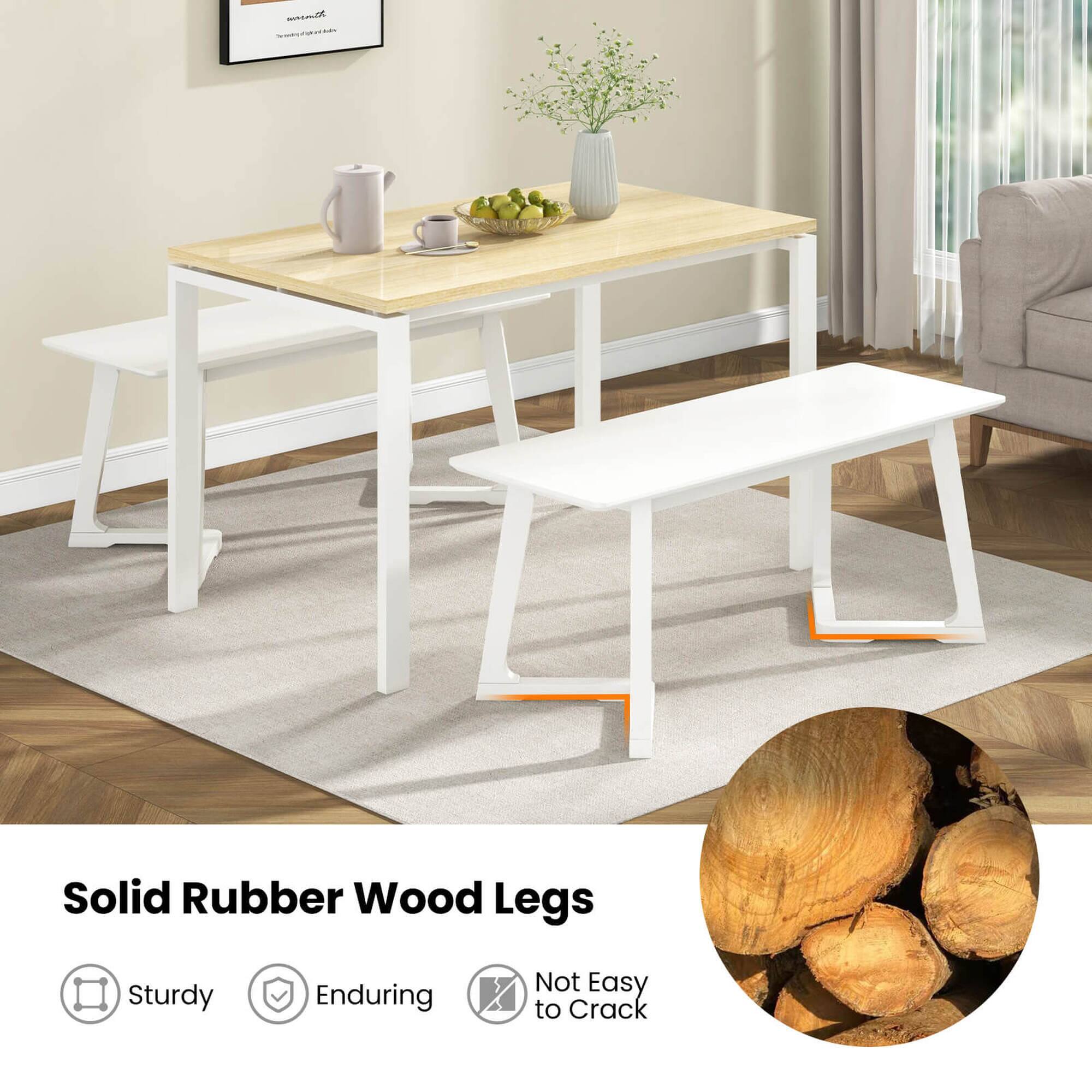 The text on the image is: "Solid Rubber Wood Legs Sturdy Enduring Not Easy to Crack."