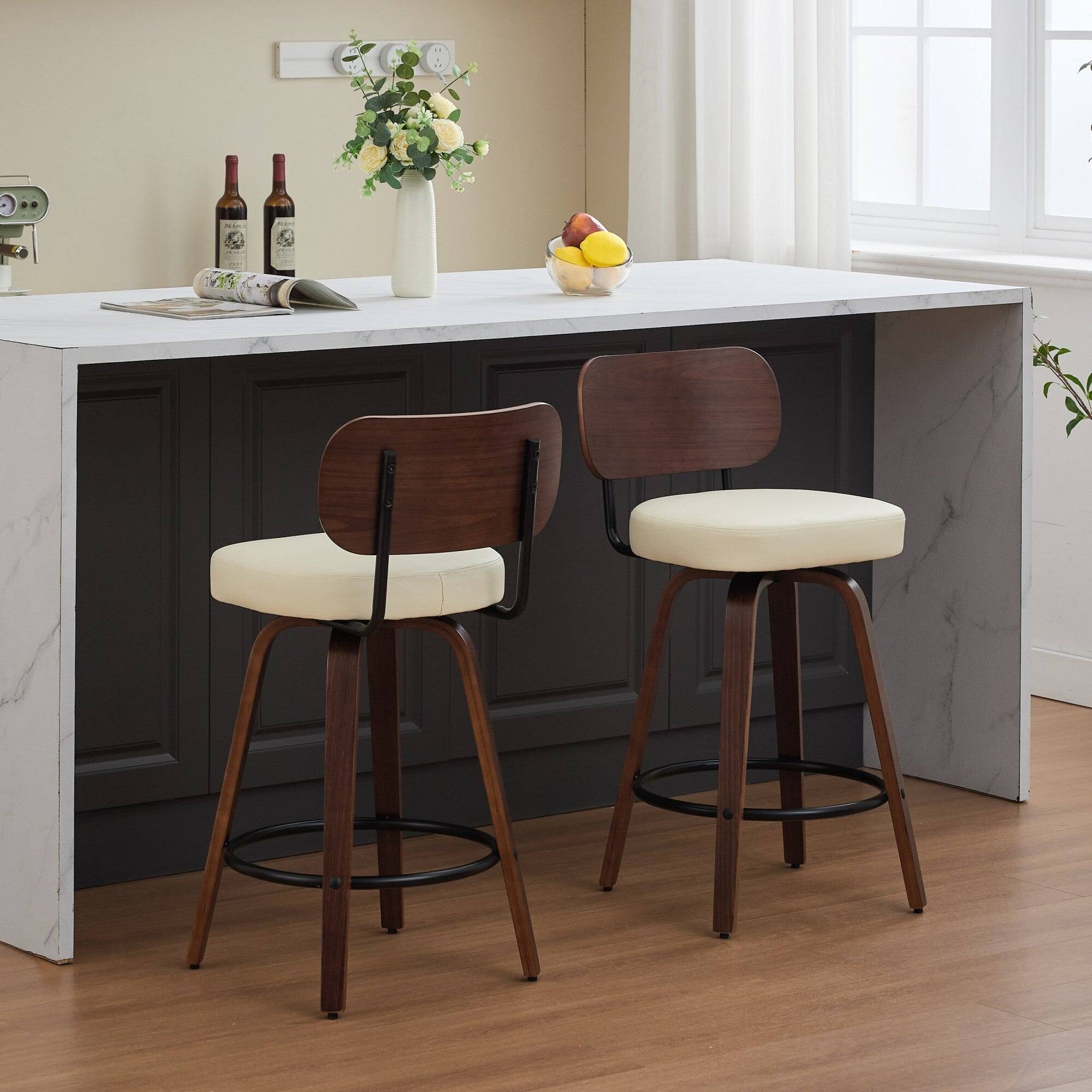 Back. Boyel Living - 26 Inch Swivel Counter Height Bar Stools Set of 2 with Walnut Bentwood Legs - Beige.