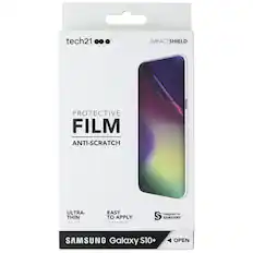 tech21 IMPACTSHIELD PROTECTIVE FILM ANTI-SCRATCH ULTRA-THIN Ultra-mince EASY TO APPLY Facile à appliquer Designed for SAMSUNG SAMSUNG Galaxy S10+ OPEN