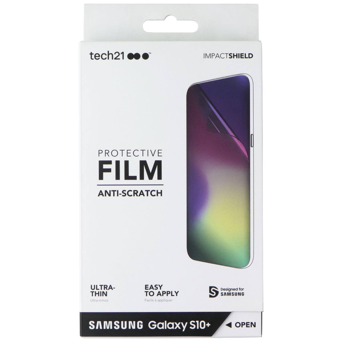 tech21 IMPACTSHIELD PROTECTIVE FILM ANTI-SCRATCH ULTRA-THIN Ultra-mince EASY TO APPLY Facile à appliquer Designed for SAMSUNG SAMSUNG Galaxy S10+ OPEN