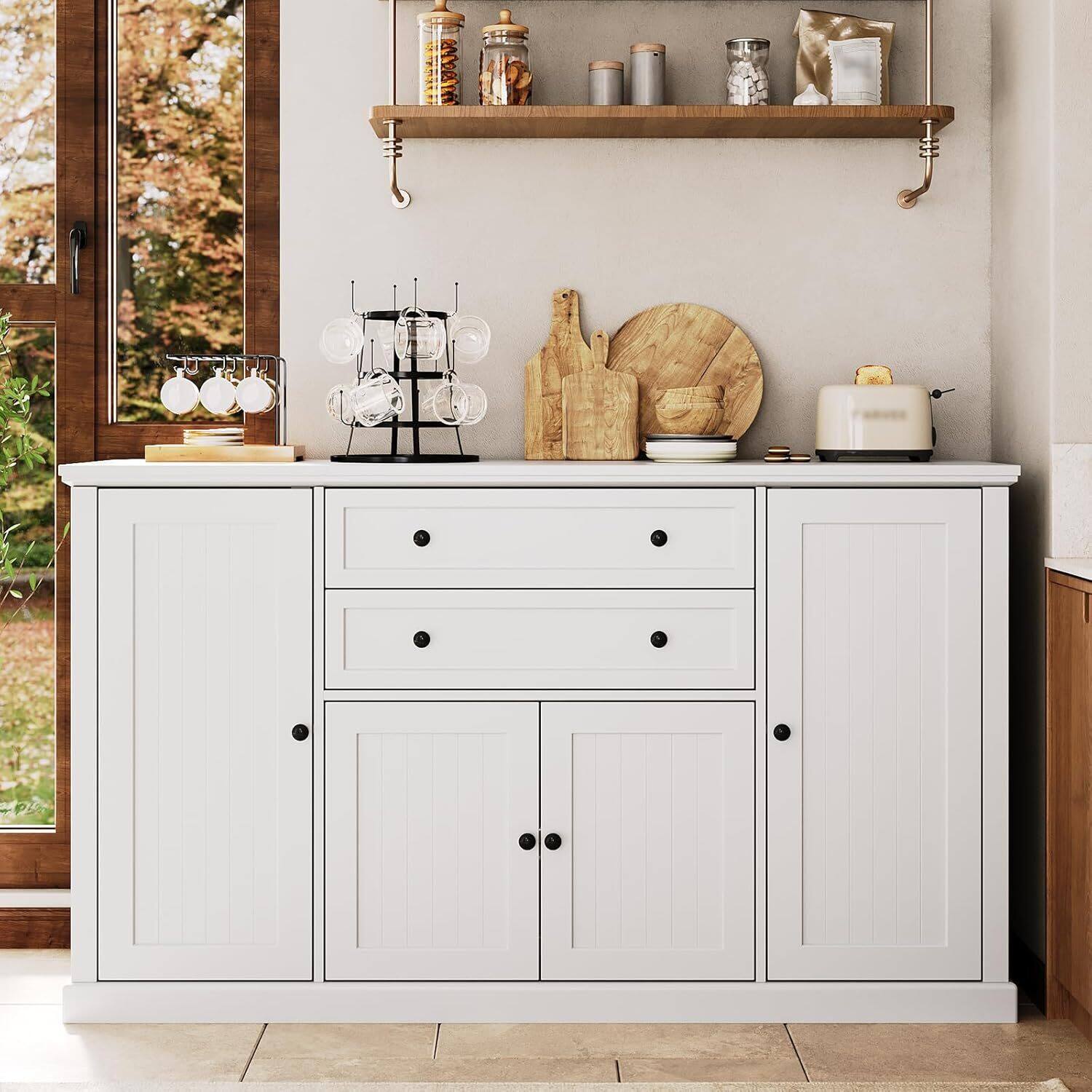 Angle. GARVEE - Large Kitchen Buffet Storage Sideboard, 58" Farmhouse Wood Coffee Bar Cabinet, 2 Large Drawers, White - White.