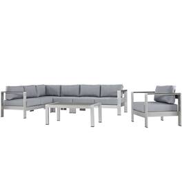 Modway - Shore 6-Piece Outdoor Aluminum Sectional Sofa Set, All-Weather Cushions - Silver Gray