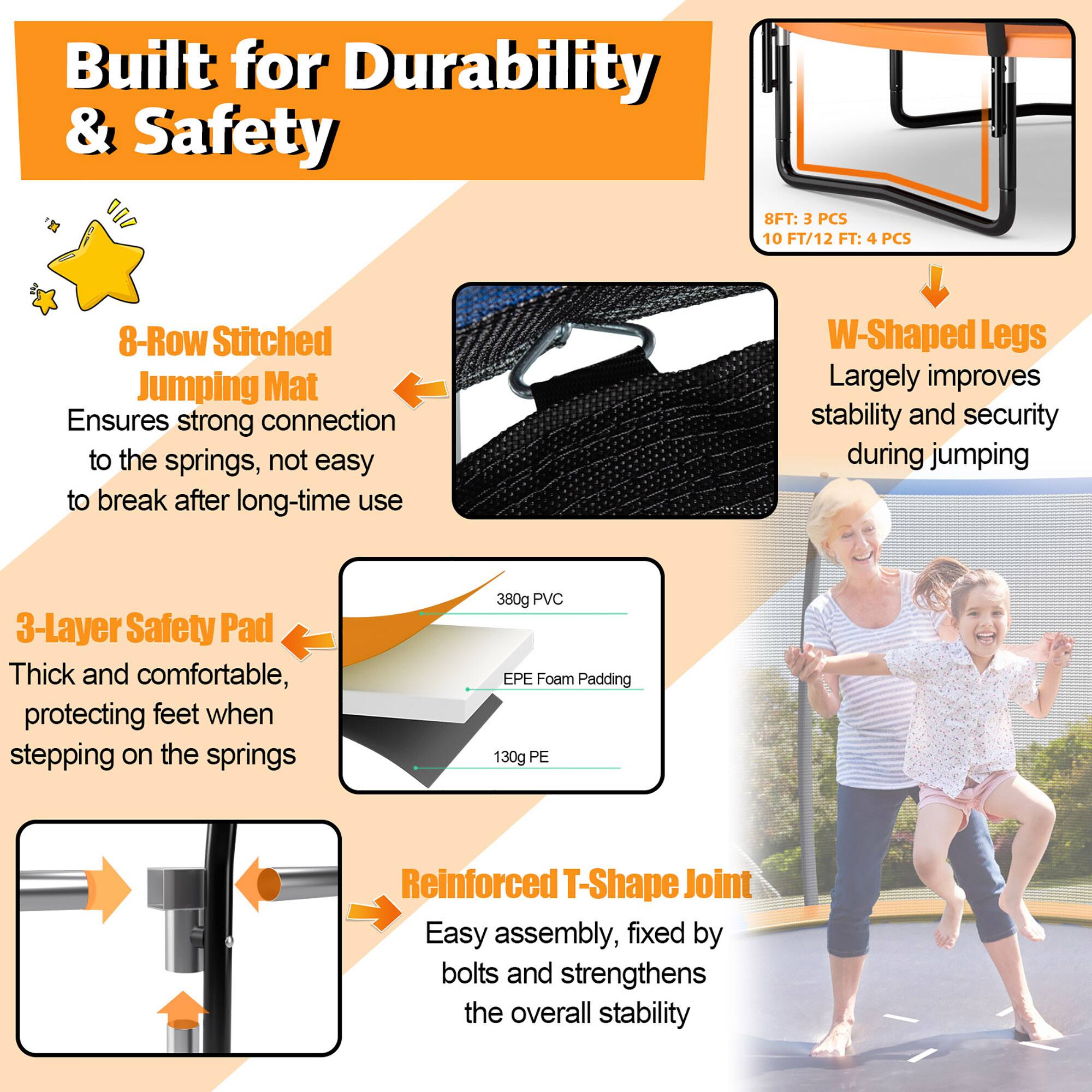 Built for Durability & Safety

8-Row Stitched Jumping Mat  
Ensures strong connection to the springs, not easy to break after long-time use

3-Layer Safety Pad  
Thick and comfortable, protecting feet when stepping on the springs

W-Shaped Legs  
Largely improves stability and security during jumping

Reinforced T-Shape Joint  
Easy assembly, fixed by bolts and strengthens the overall stability

8FT: 3 PCS  
10 FT/12 FT: 4 PCS