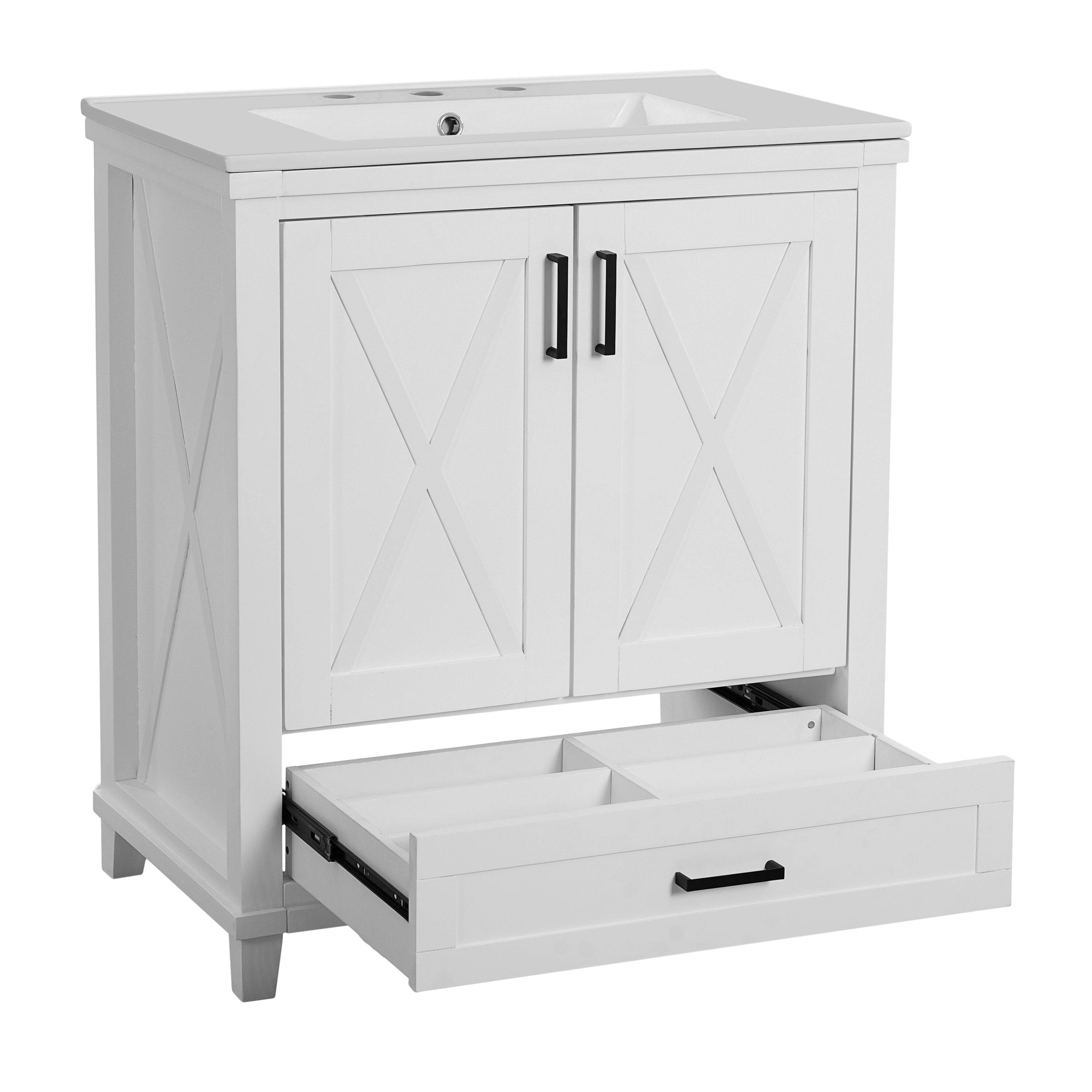 Back. Boyel Living - 30 Inch Bathroom Vanity with Ceramic Sink Solid Wood Frame MDF 2 Soft Close Doors 1 Drawer Dual Storage Shelves - White.
