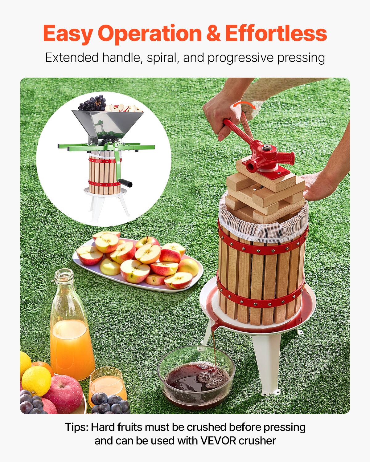 Easy Operation & Effortless  
Extended handle, spiral, and progressive pressing  

Tips: Hard fruits must be crushed before pressing and can be used with VEVOR crusher