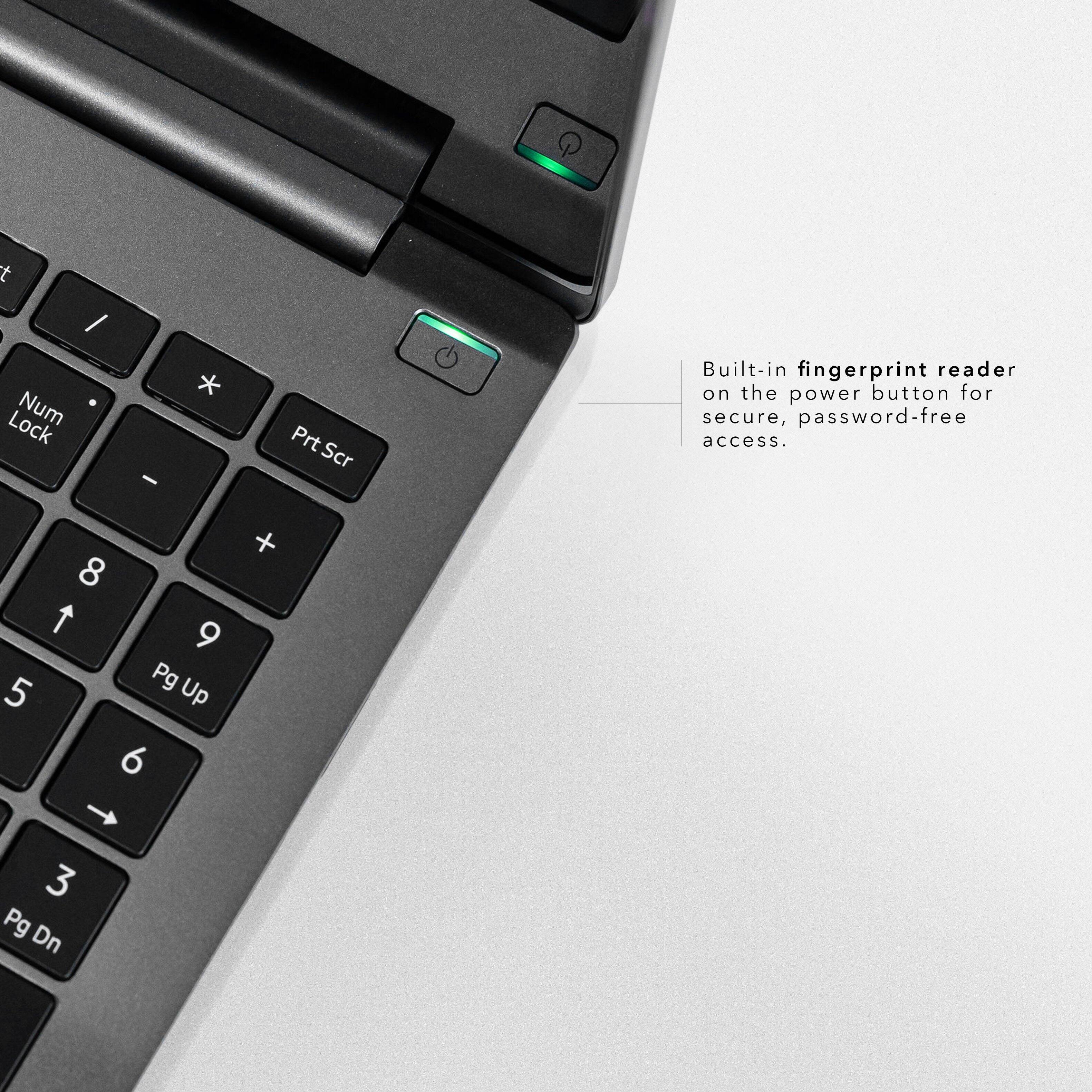 Built-in fingerprint reader on the power button for secure, password-free access.