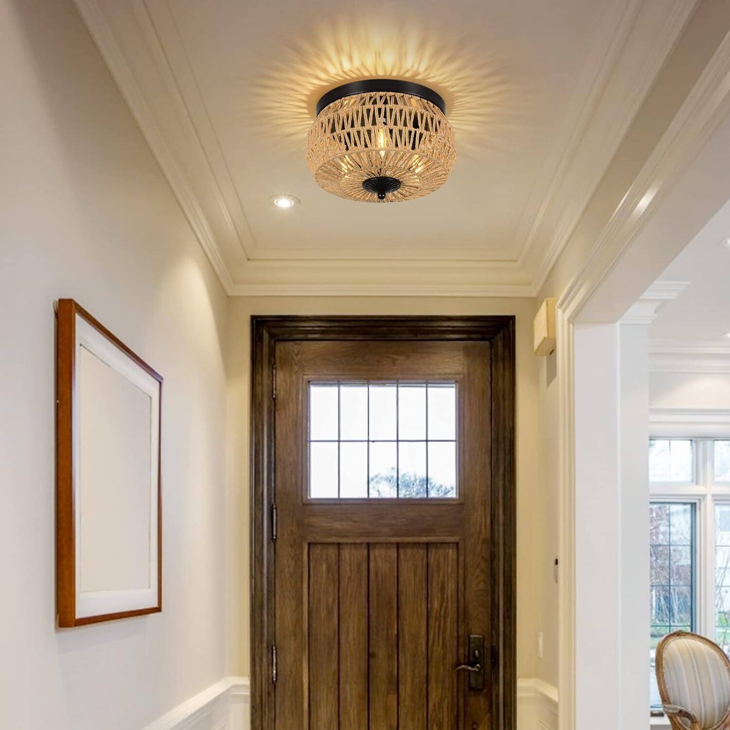 Alt View 3. Z-Edge - Rattan Ceiling Light Fixture, 3 Light Bohemian Modern Woven Ceiling Light, Boho Flush Mount Ceiling Light for Bedroom - Brown.