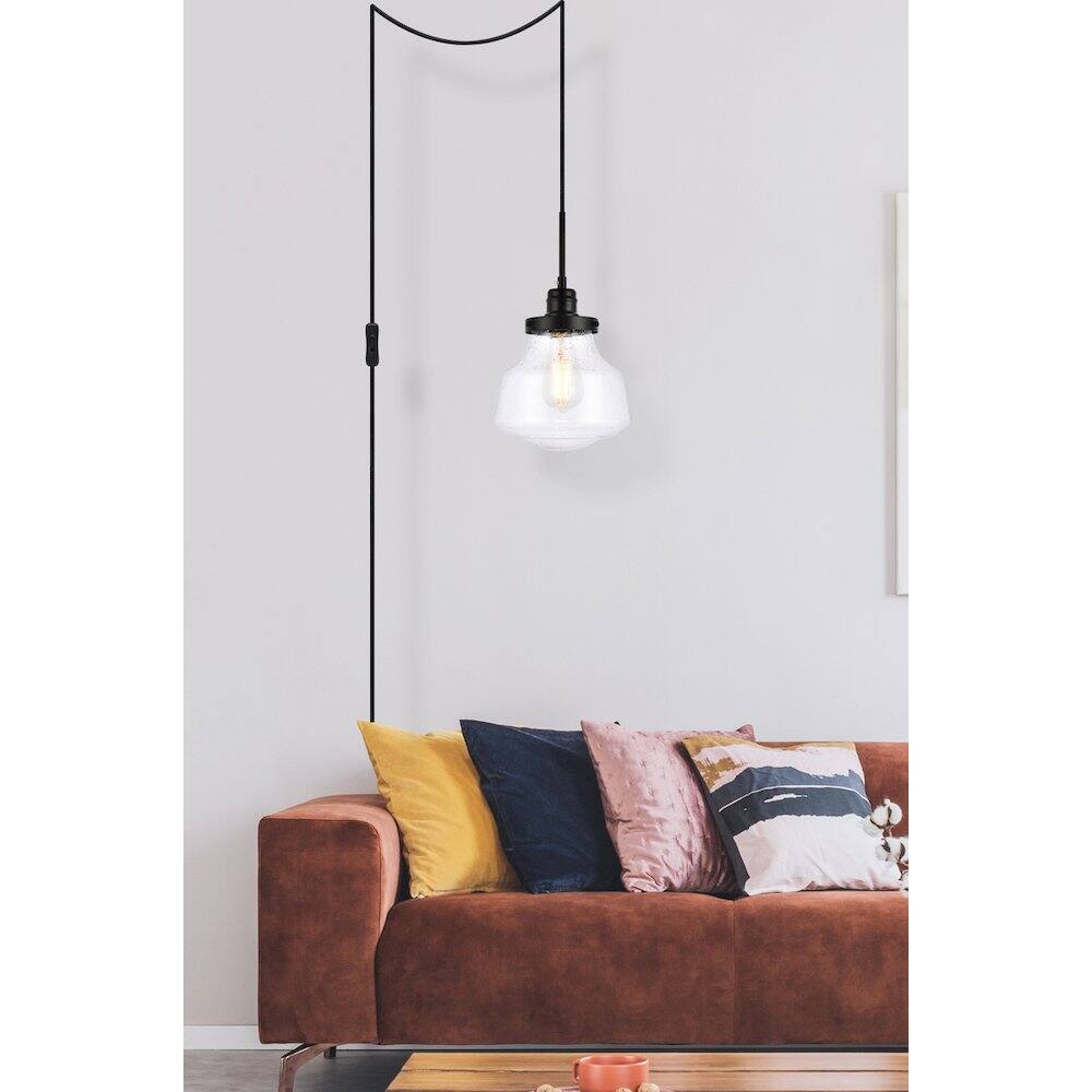 Angle. Living District - Lyle 1 Light Black And Clear Seeded Glass Plug In Pendant - Black.