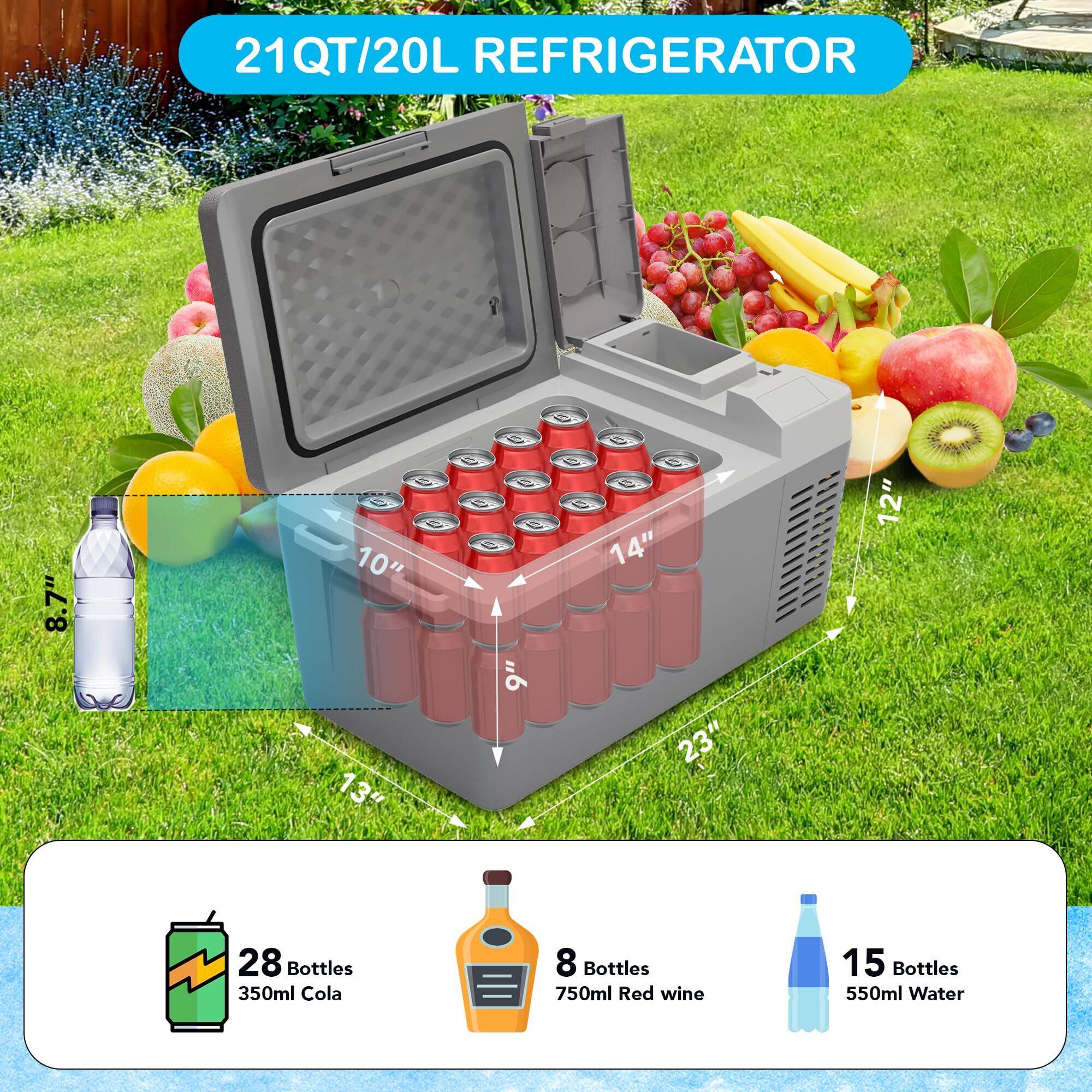 21 QT/20L REFRIGERATOR

- 28 Bottles 350ml Cola
- 8 Bottles 750ml Red wine
- 15 Bottles 550ml Water

Dimensions:
- 14" (width)
- 10" (height)
- 23" (depth)
- 13" (height of door)
- 12" (height of bottle shelf)
- 8.7" (height of bottle shelf with door open)