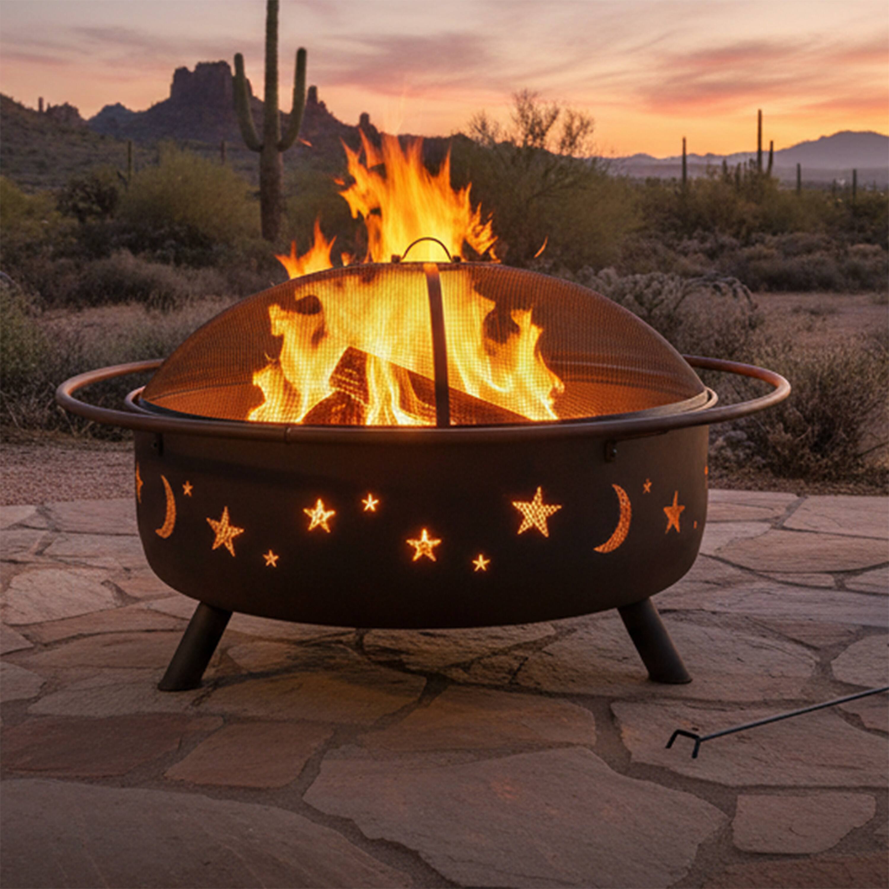 Alt View 1. Sunnydaze - 42 in Cosmic Steel Fire Pit with Spark Screen and Poker - Bronze.